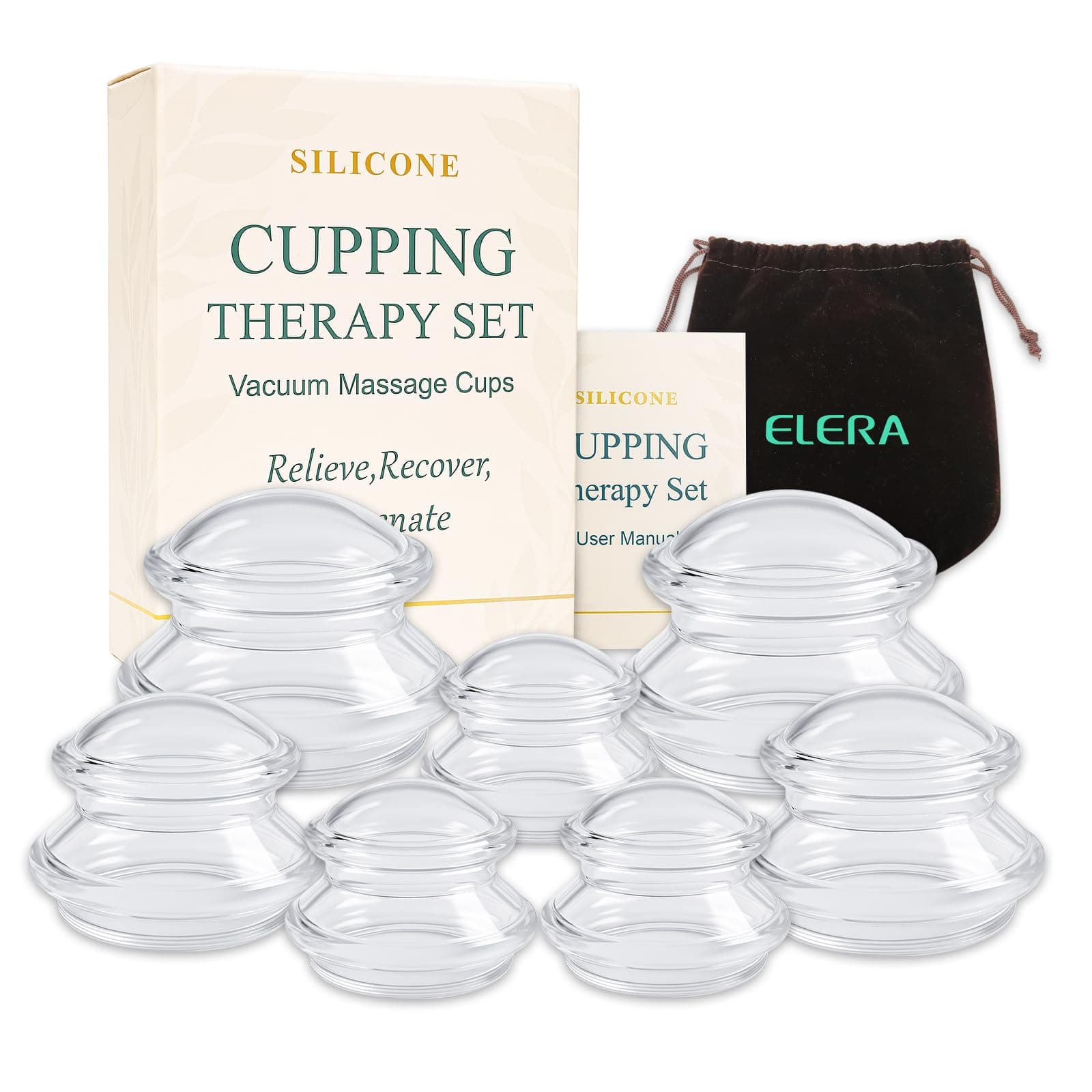 ELERA Silicone Professional Cupping Therapy Set, 4 Cups (XL-S) Anti Cellulite Massage Cup for Muscle Soreness Pain Relief & Injury Recovery