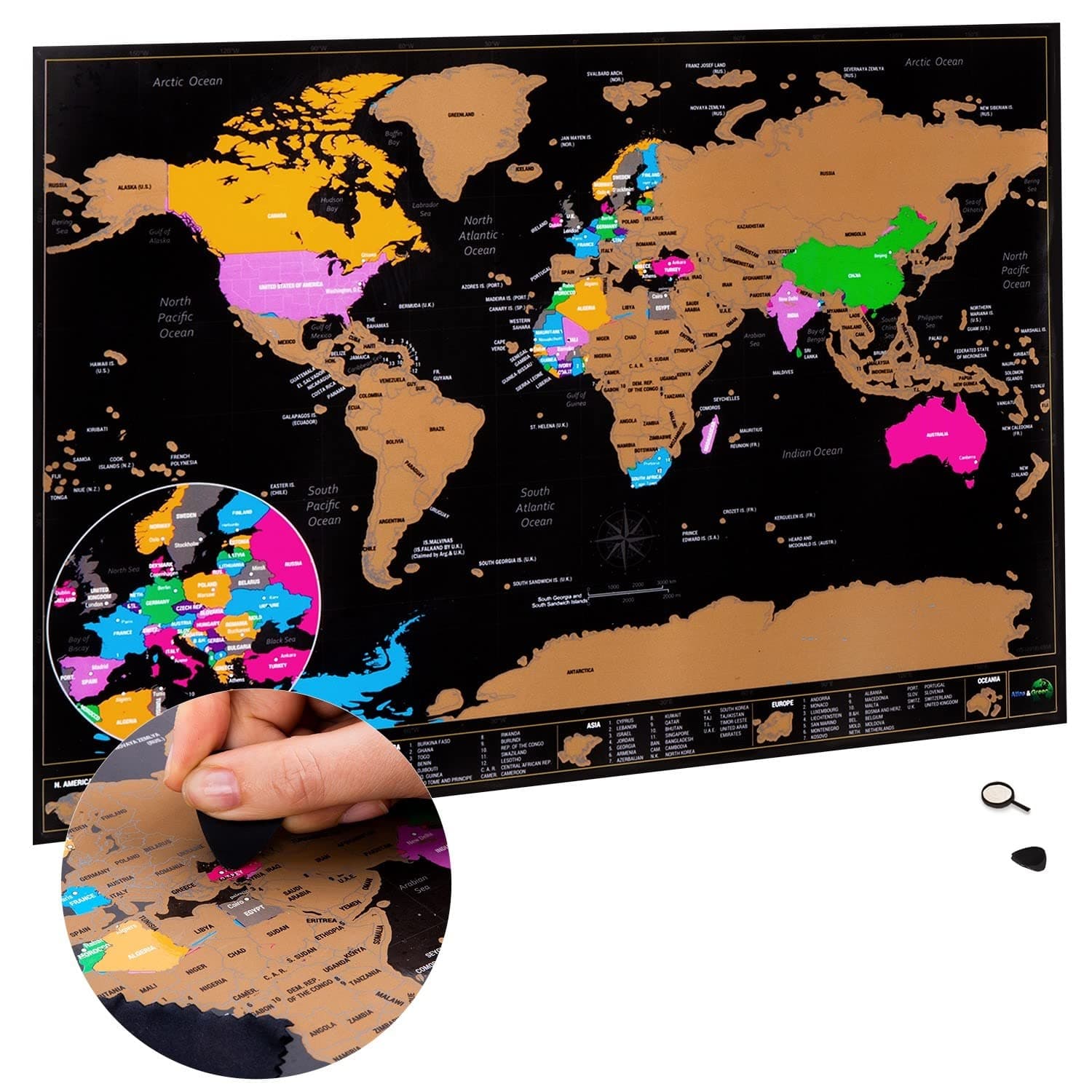World Map Travel Gift, A3 Scratchable Poster + Bonus A4 UK Map, Maps of Visited Countries with Accessories, Kit Tube, Cartographic Design