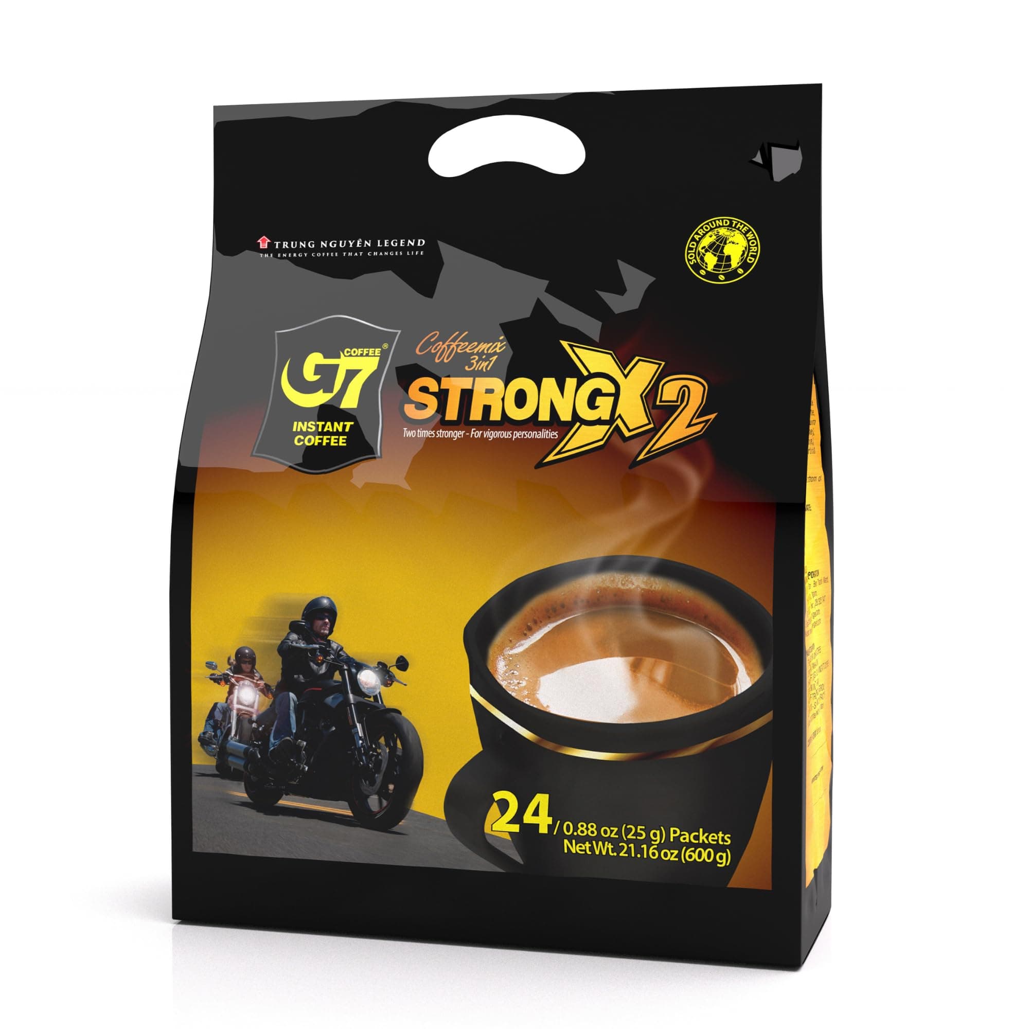 TRUNG NGUYEN G7 3-IN-1 STRONG X2 Instant Coffee for Energy Boost - Roasted Ground Coffee Blend with Non-dairy Creamer and Sugar - Strong and Pure Vietnamese Instant Coffee (24 Sticks/Bag)
