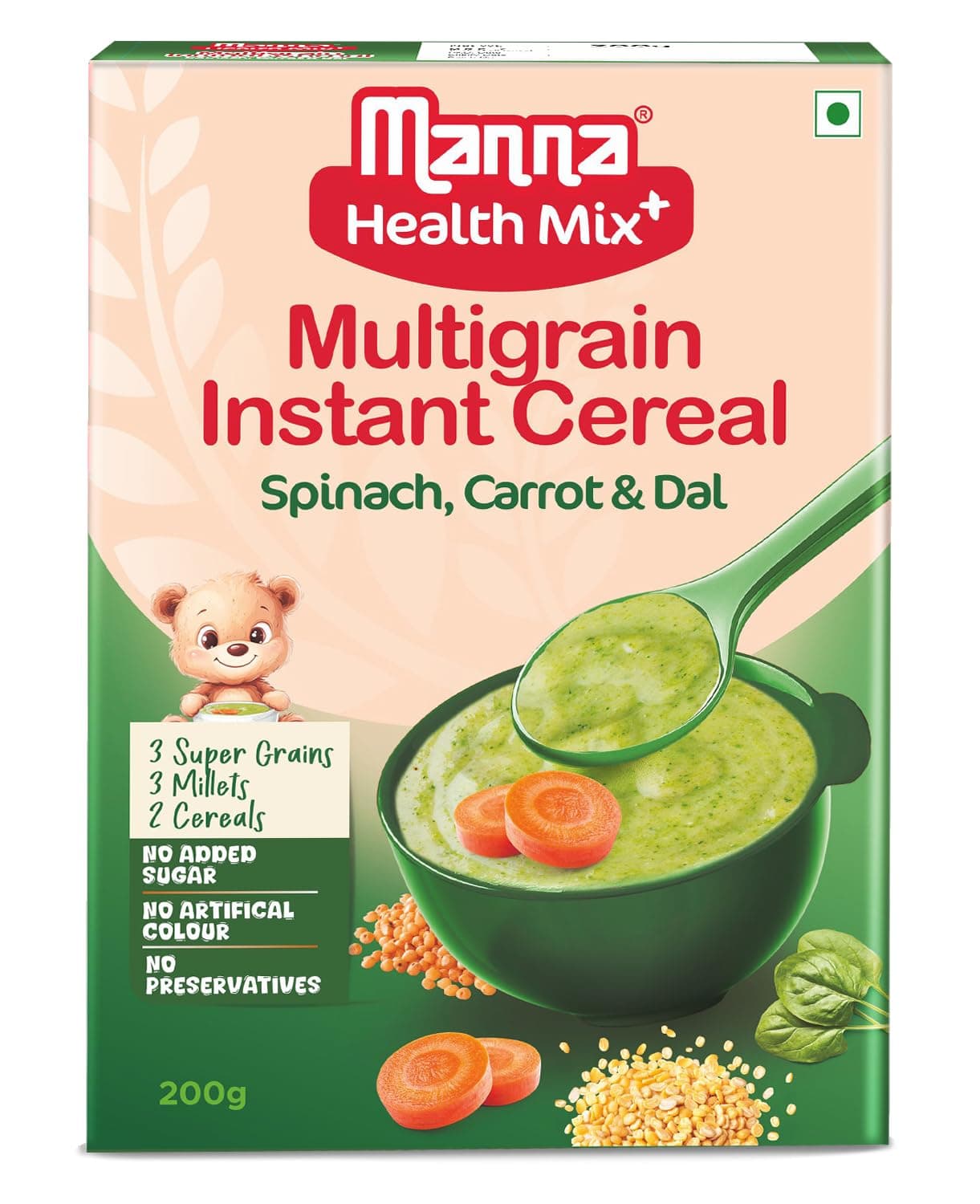Manna Health Mix Instant Multigrain Cereal, Spinach, Carrot, Dal with Milk. Made with Real Vegetables and 8 super grains and millets. No Added Sugar, No Artificial Color, Flavors 200g