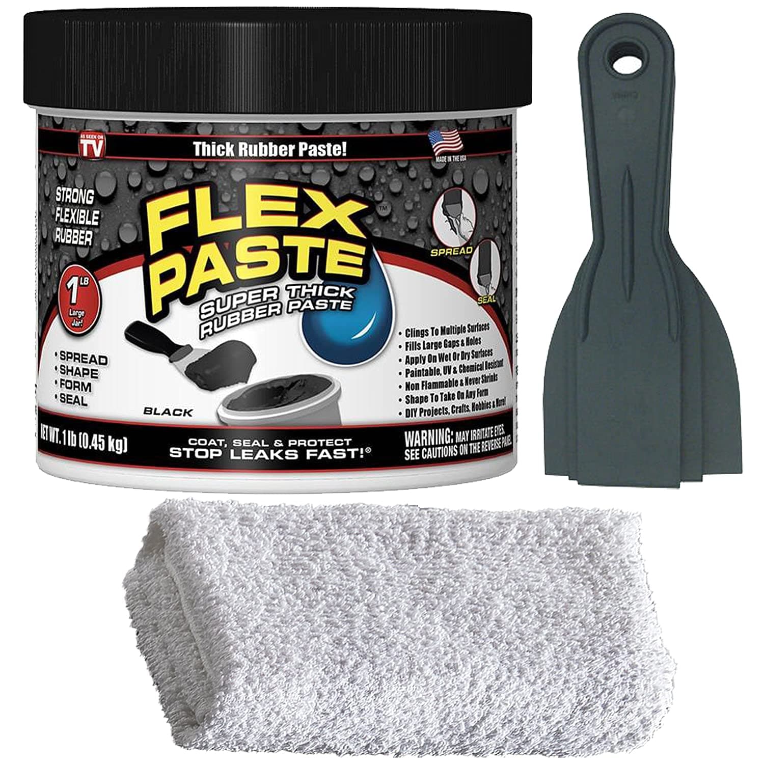 Flex Seal Black Flex Paste 1lb - Leak Repair Bundle with Putty Knife Set + Daley Mint Cleaning Towel | Quickly Fills Gaps, Holes, Cracks