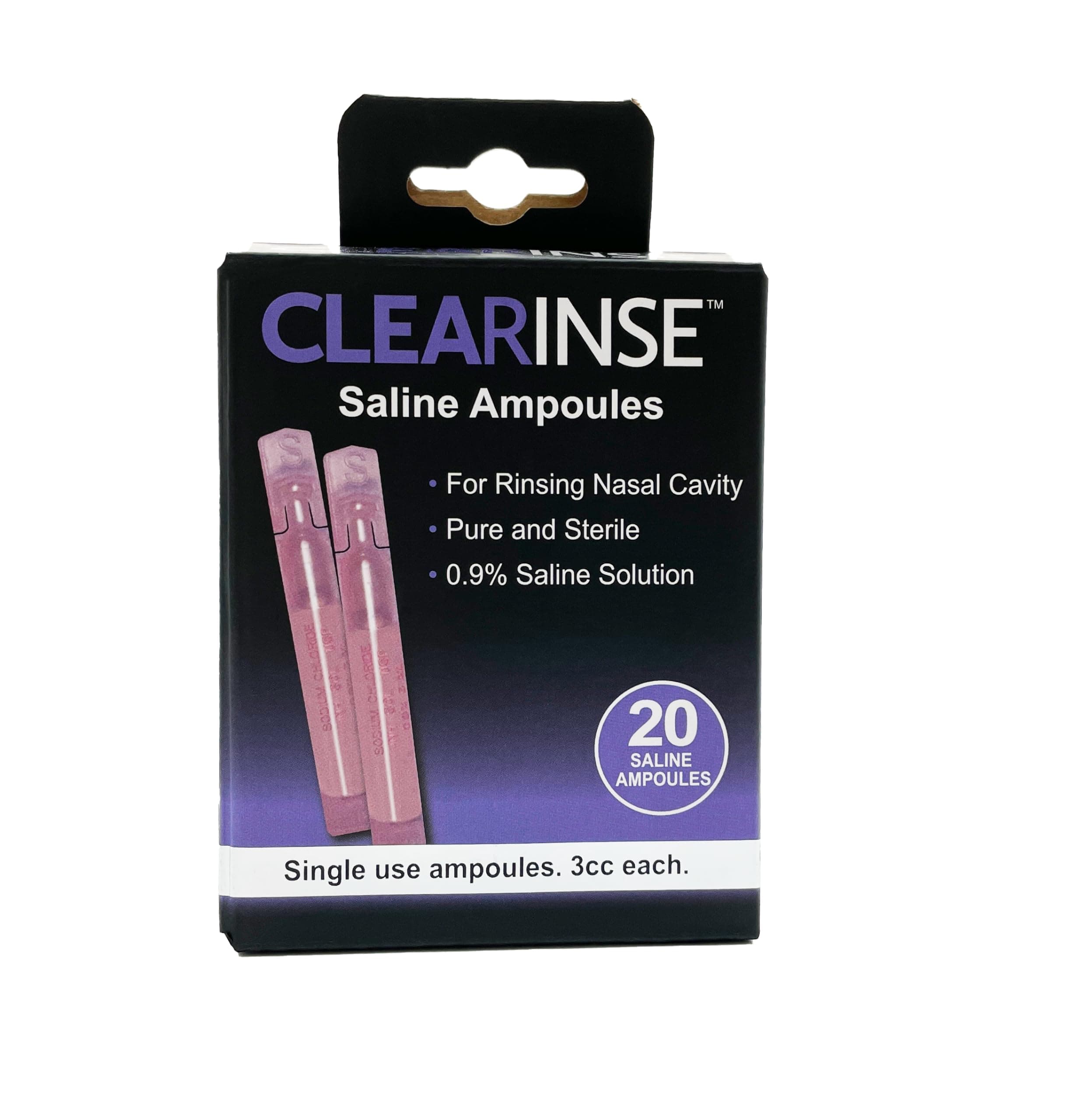 Clearinse Saline Ampoules - 20 Count of 3ml Pods | 0.9% Saline Solution | Pure and Sterile | Single-Use | for Rinsing Nasal Cavity | Drug-Free