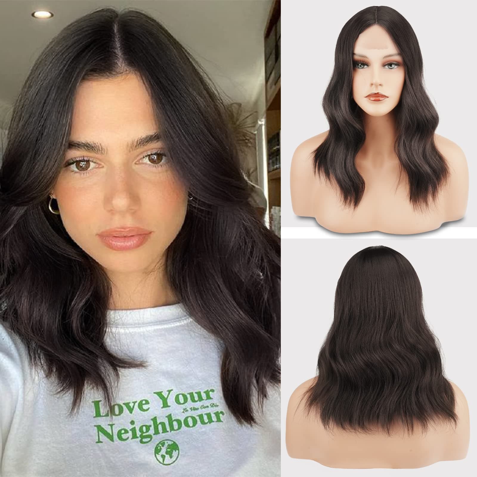 FESHFEN Soft and Smooth 16 Inch Dark Brown Wavy Lace Front Synthetic Wigs Middle Parting Medium Shoulder Length Bob Wig Ideal for Women Wedding and Other Function