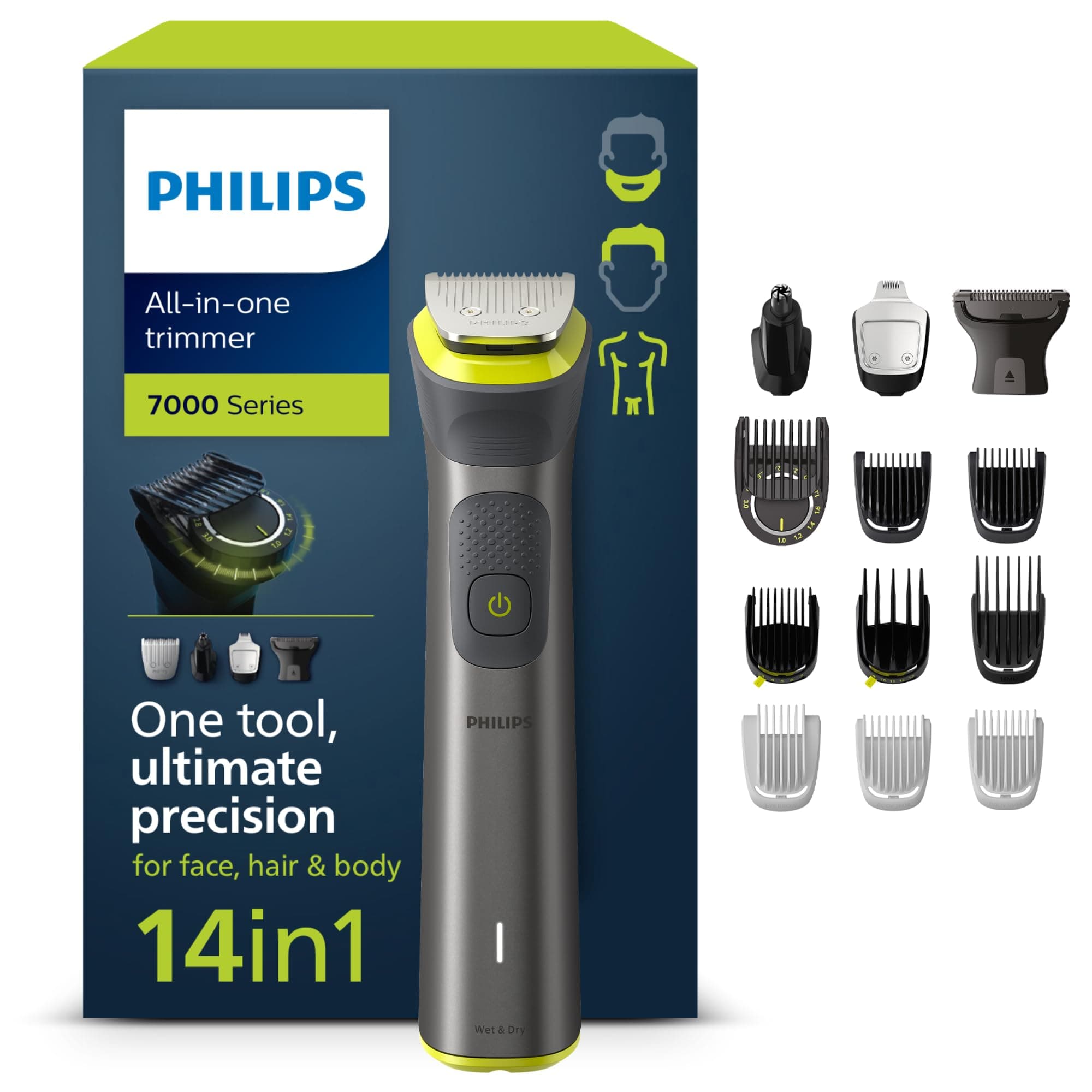 Series 7000 All-in-one Trimmer, 14-in-1 Multigroom for face, Head and Body, One Tool - Ultimate Precision, 21 Length Settings (0.5-16 mm) (Model MG7930/15)