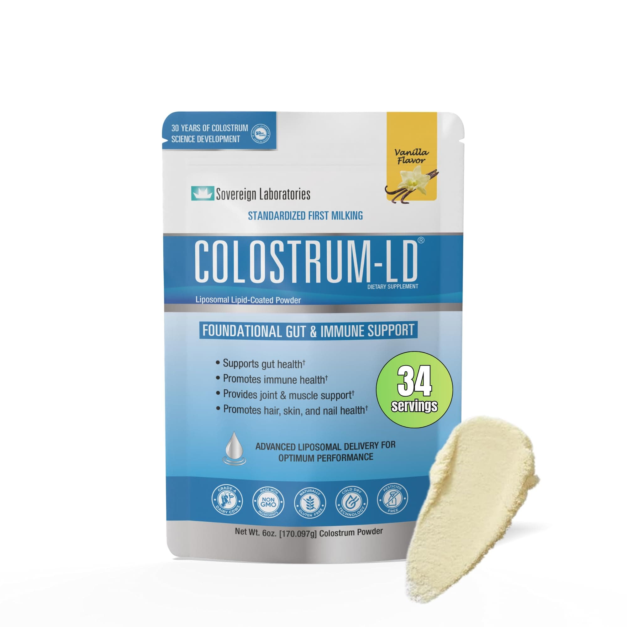 Colostrum-LD Liposomal Delivery - Colostrum Powder - Gluten-Free, Lactose-Reduced - 34 Servings - Sovereign Laboratories - 6 oz Vanilla