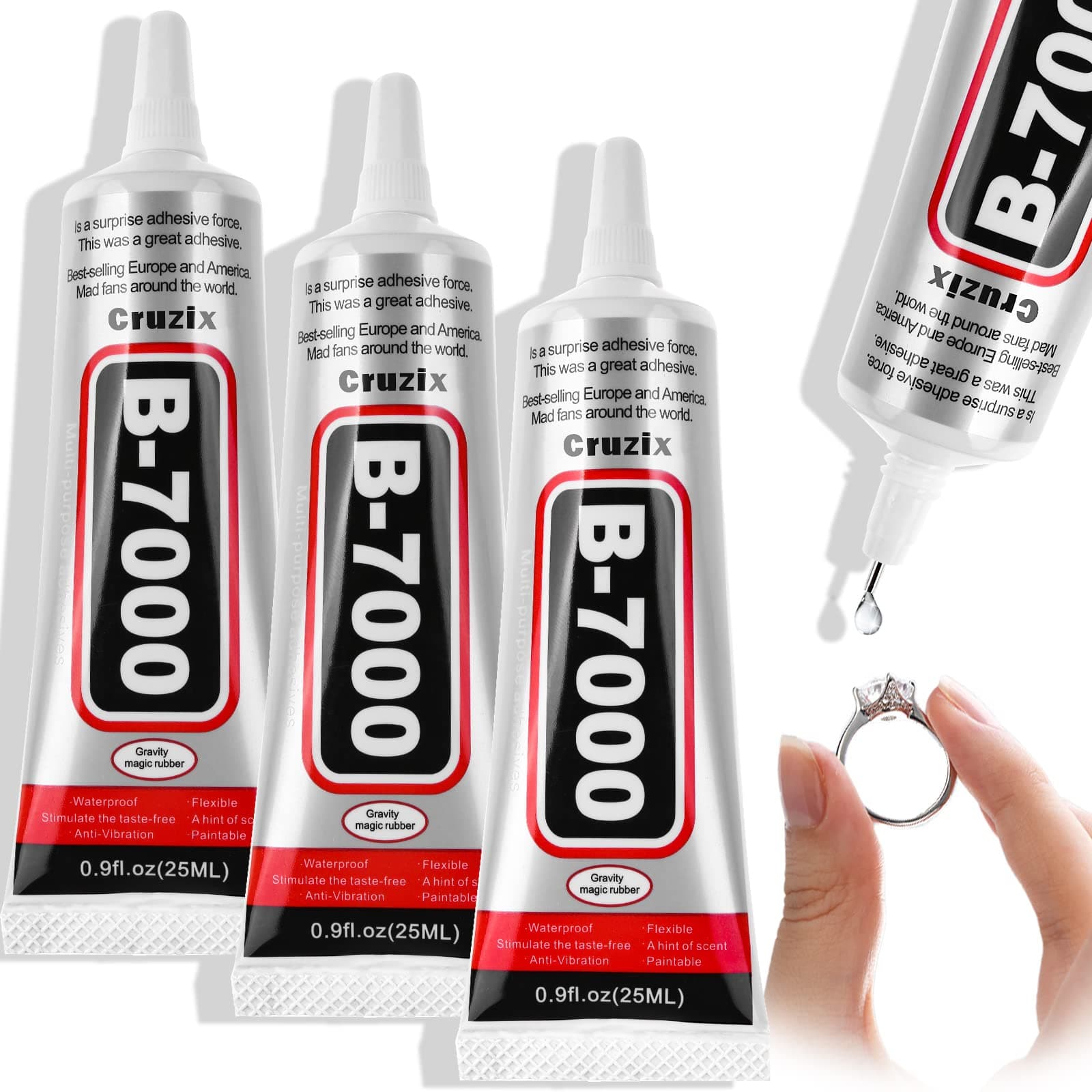 B-7000 Craft Glue for Jewelry Making, Multi-Function B-7000 Super Adhesive Glues Liquid Fusion Glue for Rhinestones Crafts, Clothes Shoes, Fabric, Jewelry Making, Cell Phones (3x25 ml/0.9 oz)