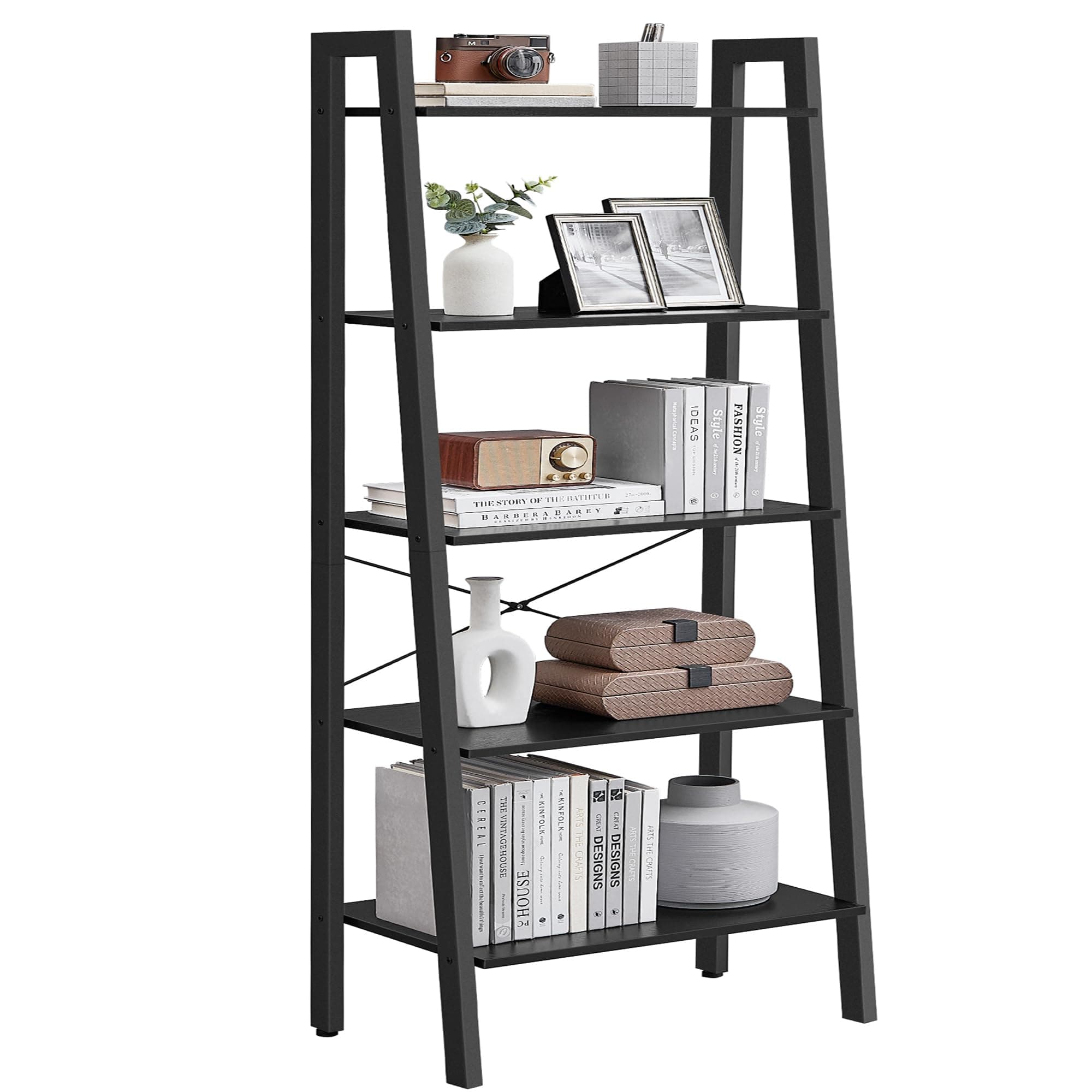 VASAGLE Ladder Shelf, 5-Tier Bookshelf, Storage Rack, Bookcase with Steel Frame, for Living Room, Home Office, Kitchen, Bedroom, Industrial Style, Ebony Black and Ink Black ULLS045B56