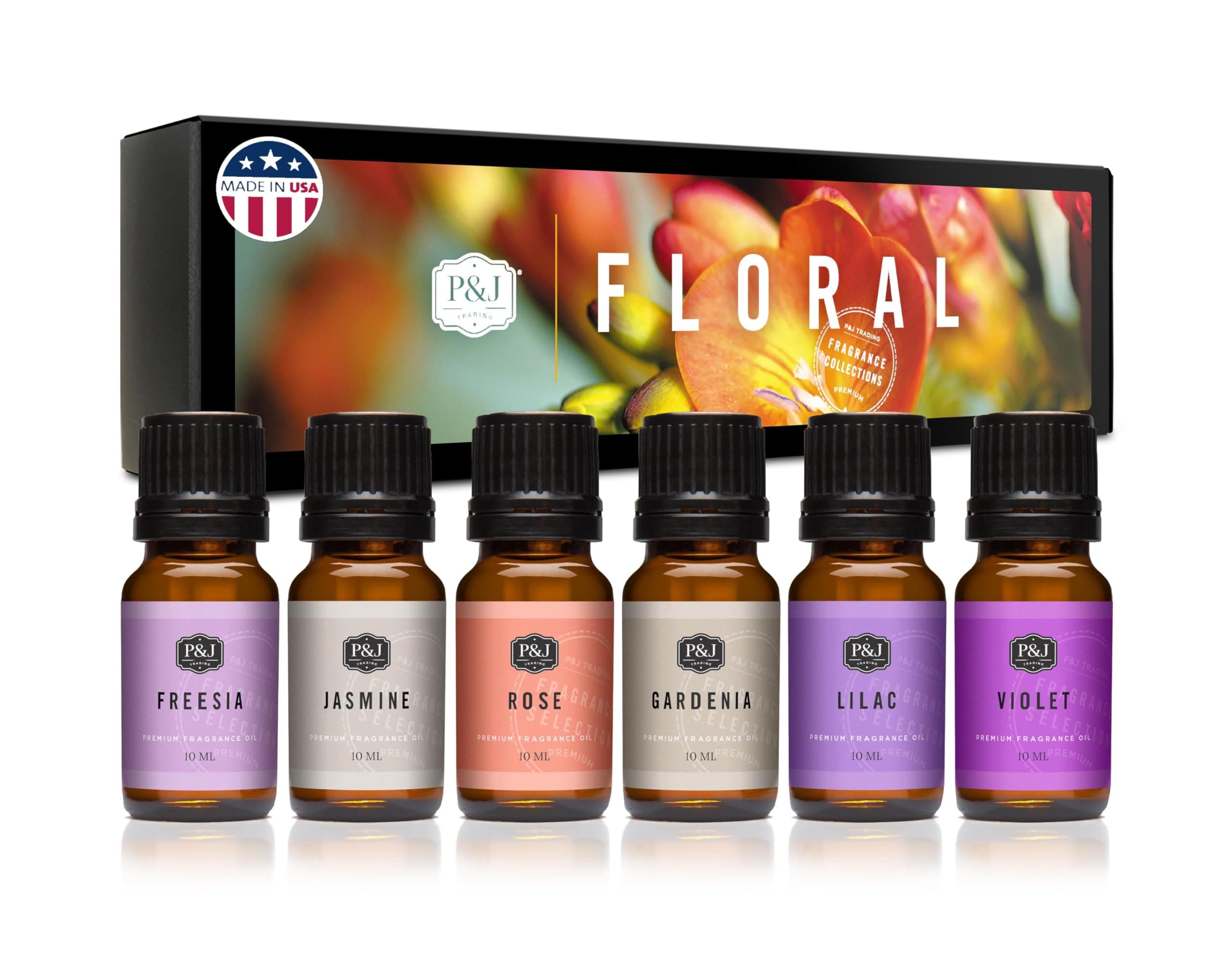 Floral Set of 6 Premium Grade Fragrance Oils - Violet, Jasmine, Rose, Lilac, Freesia, Gardenia - 10ml