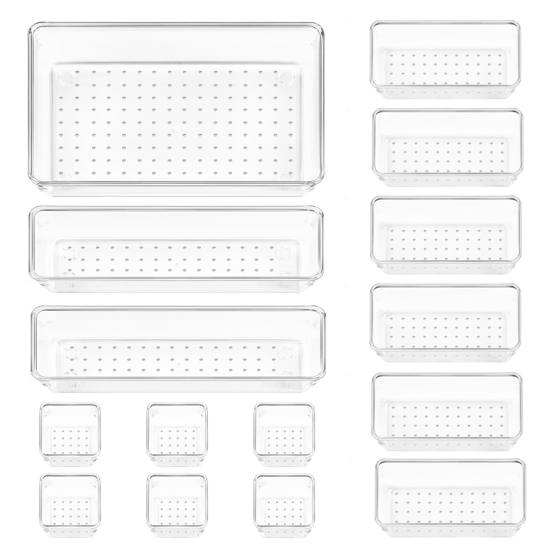 – Vtopmart 15 PCS Clear Plastic Drawer Organizer Set, 4-Size Versatile Bathroom and Vanity Desk Organizer Trays for Makeup, Bedroom, Kitchen and Office