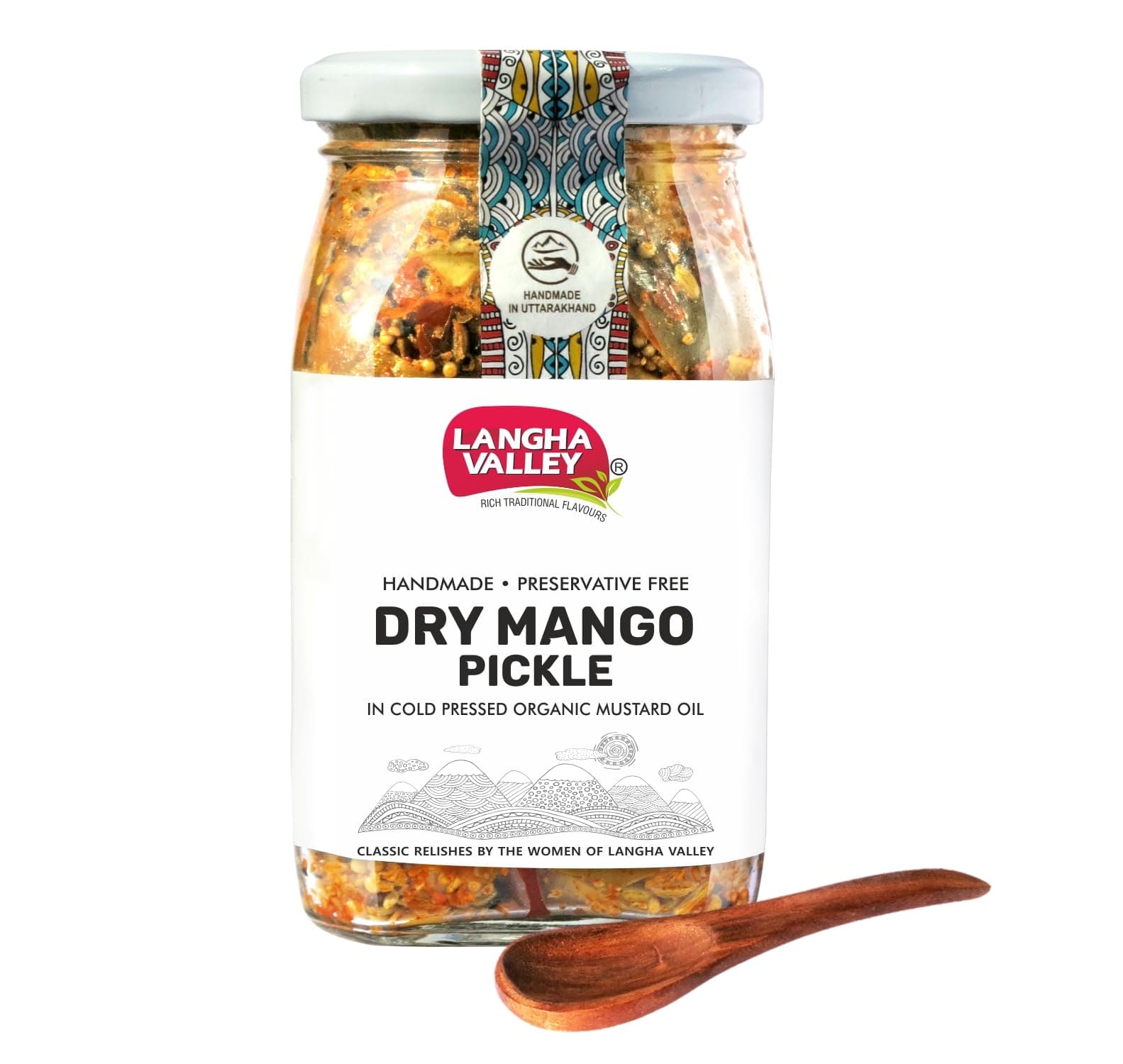Homemade Dry Mango Pickle, Sukha Aam ka Achar, Low-Oil, Traditionally Sun-Dried, No Preservatives, Glass Jar with Wooden Spoon, 360 Grams