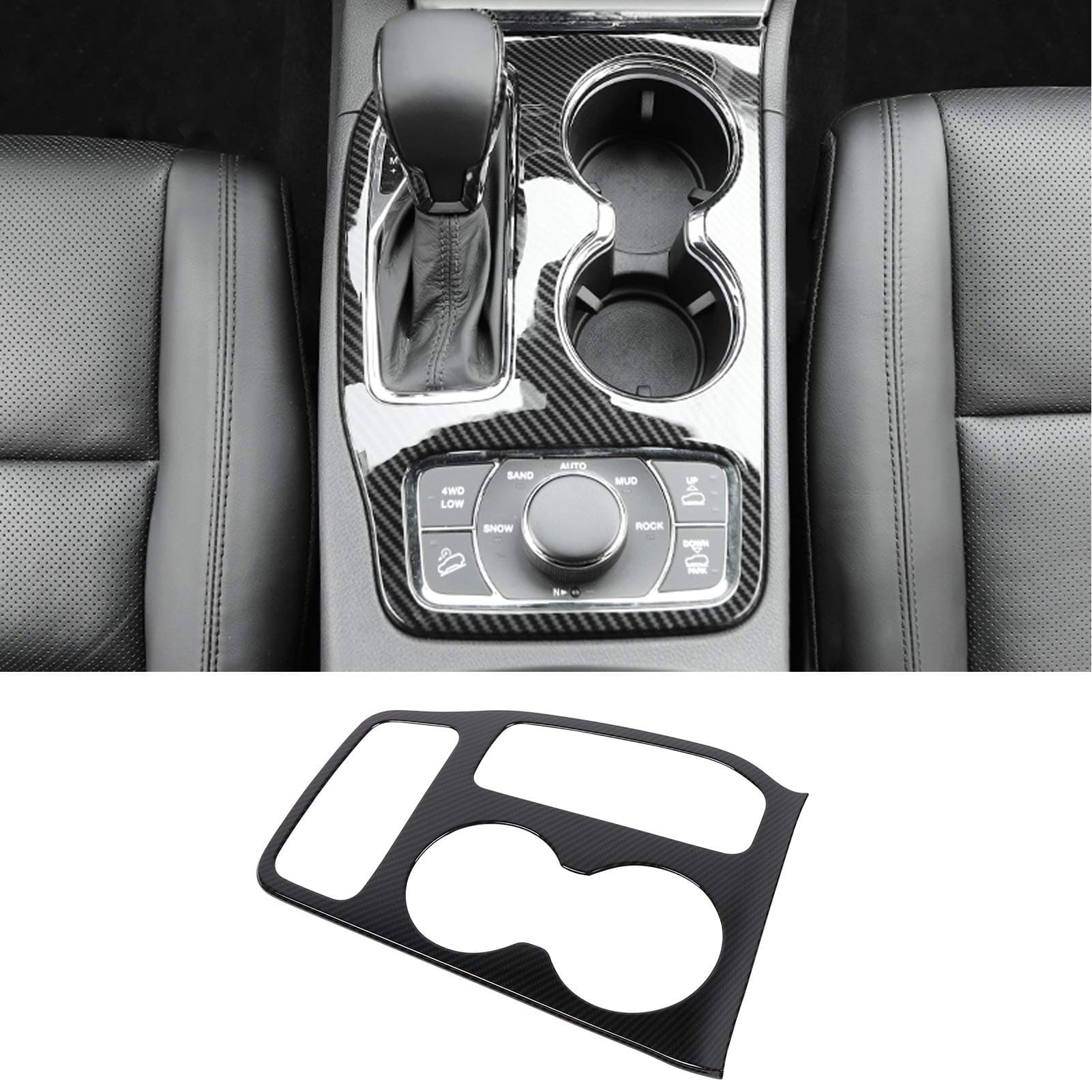 Tocatus Center Console Gear Shift Panel Cup Holder Trim Interior Accessories for 2016-2021 Jeep Grand Cherokee, ABS Carbon Fiber 1PC