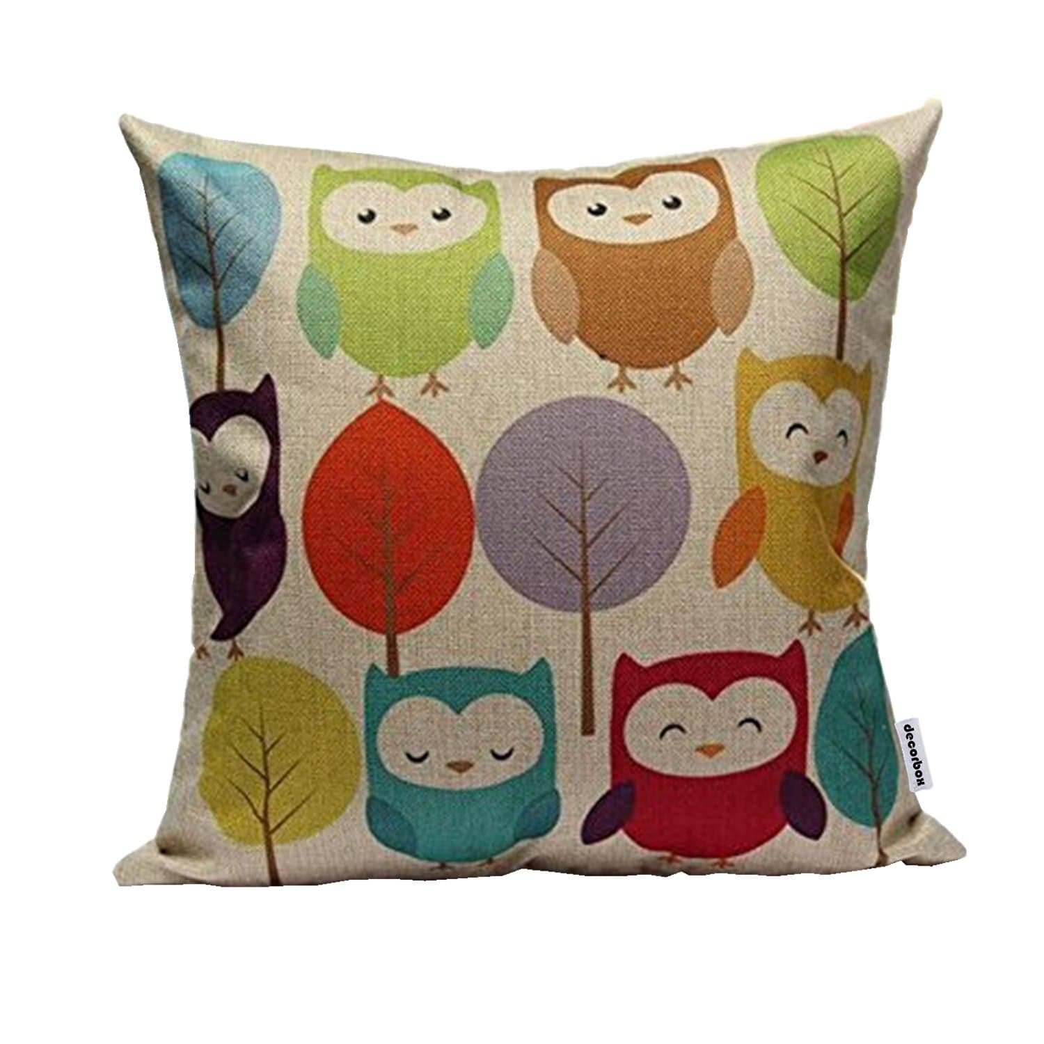 Cotton Linen Square Throw Pillow Case Decorative Cushion Cover Pillowcase Cartoon Cute Owls and Trees 18 "X18 "