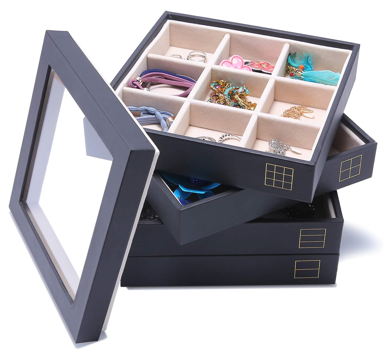 MUNLONG Stackable Jewelry Trays 4 with Lid Dresser Organizer Accessary Showcase Display Storage Drawer Insert