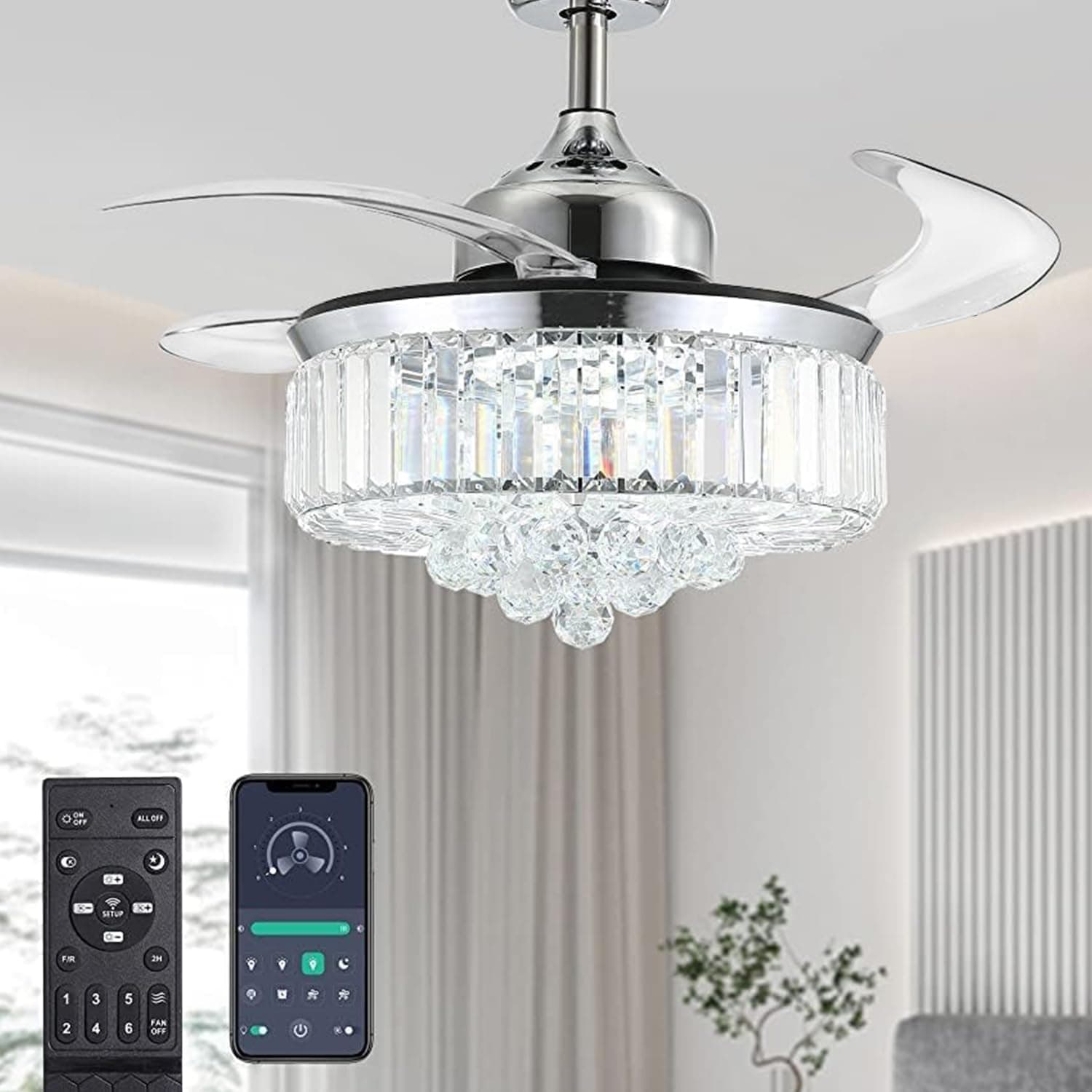MO-222CF Dimmable Crystal Fandelier with Retractable Blades