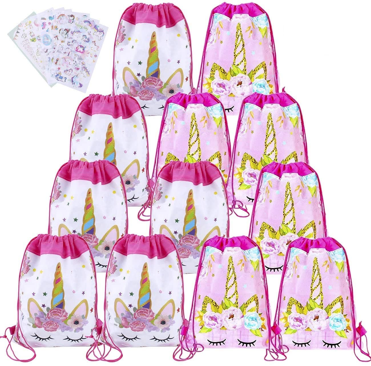 AIDCARE 12 Pack Unicorn Drawstring Party Bags With Stickers, Backpacks Party Favor Supplies for Birthday