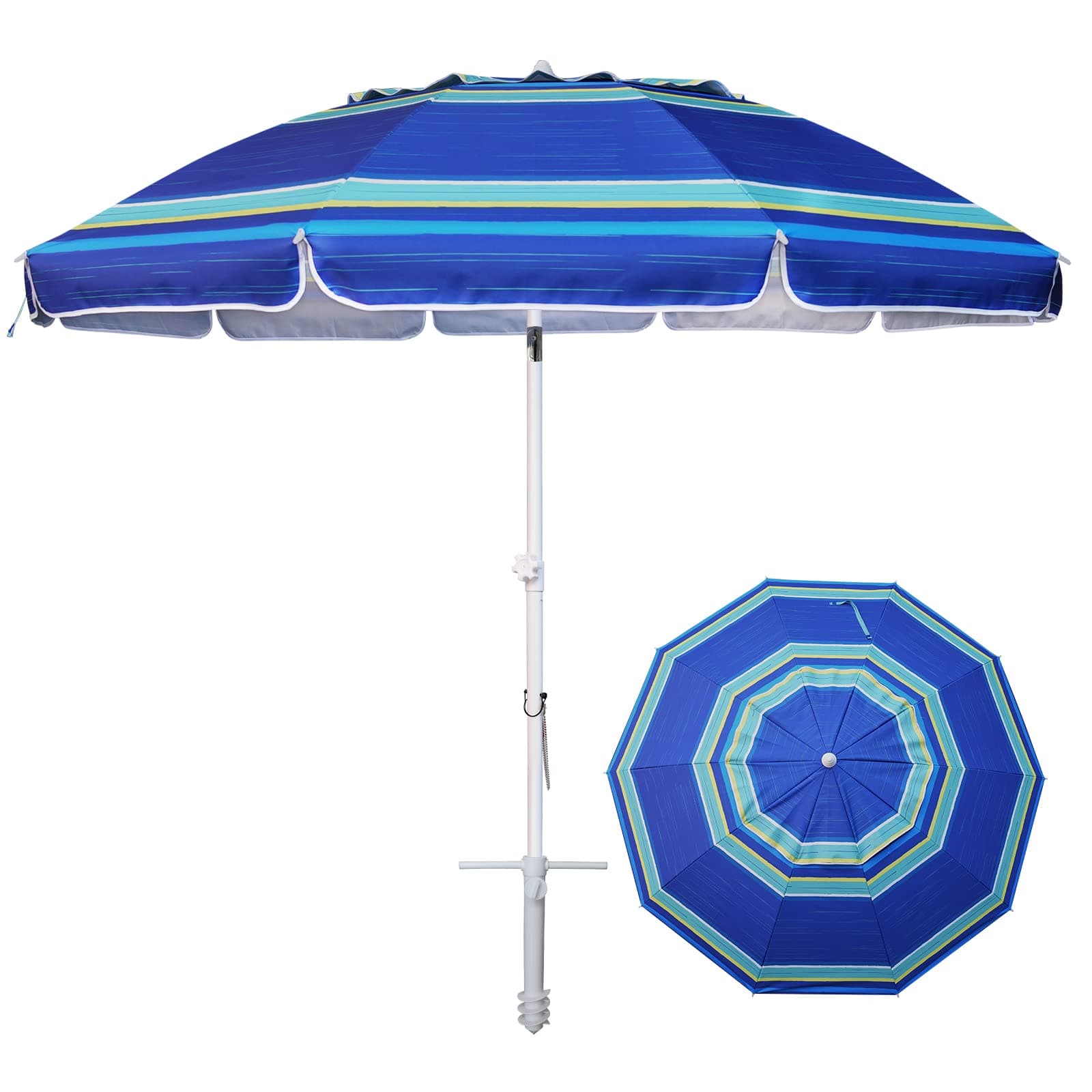 AMMSUN 8 Feet Large Beach Umbrella with Sand Anchor Heavy Duty High Wind Portable Outdoor Umbrellas UV 50+ Protection Air Vent Tilt Patio Garden Pool