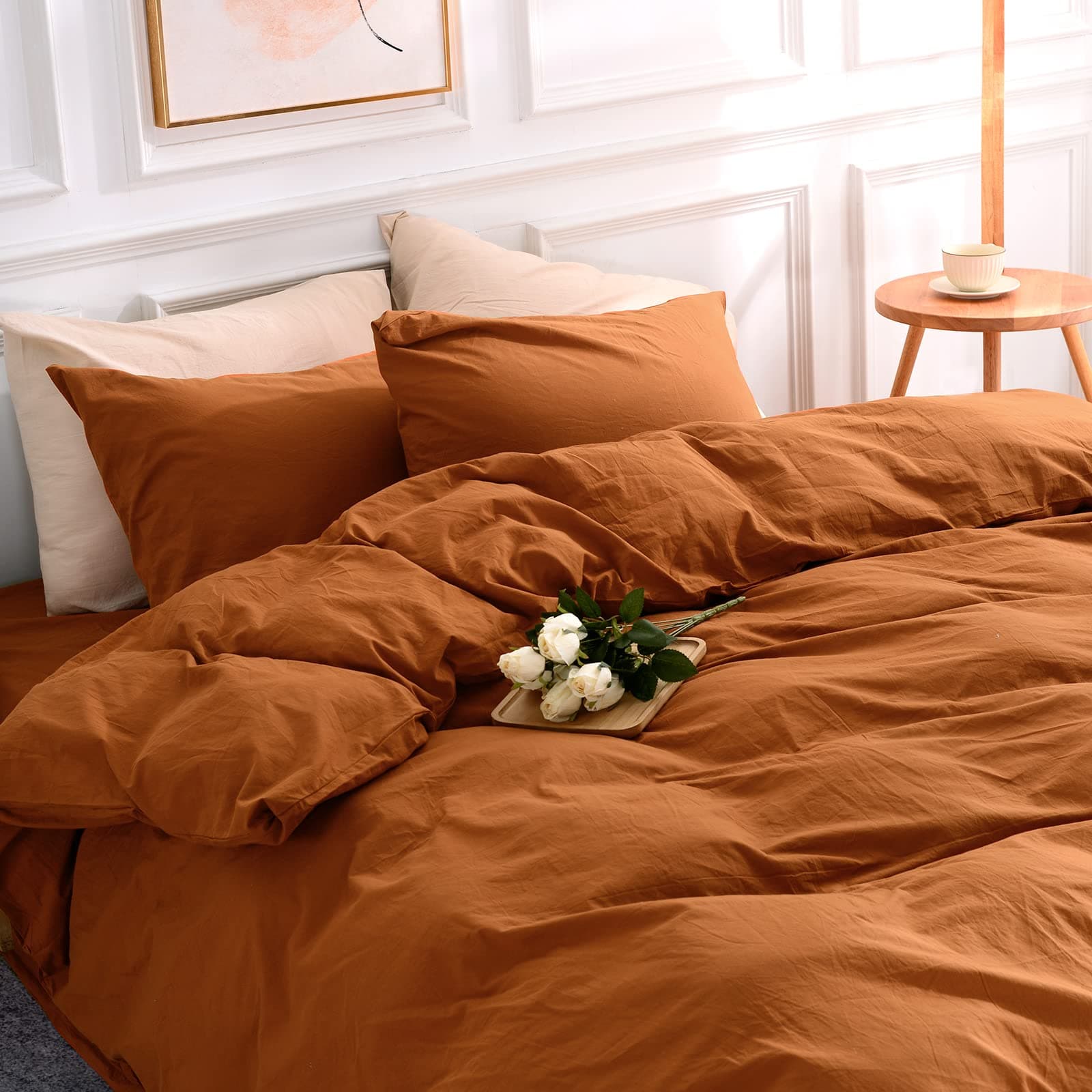 Terracotta Burnt Orange Duvet Cover Set Queen Size Linen Textured Organic Natural 100% Washed Cotton Duvet Cover Caramel 3 Pieces Bedding Set with Zipper Closure Soft (No Comforter)