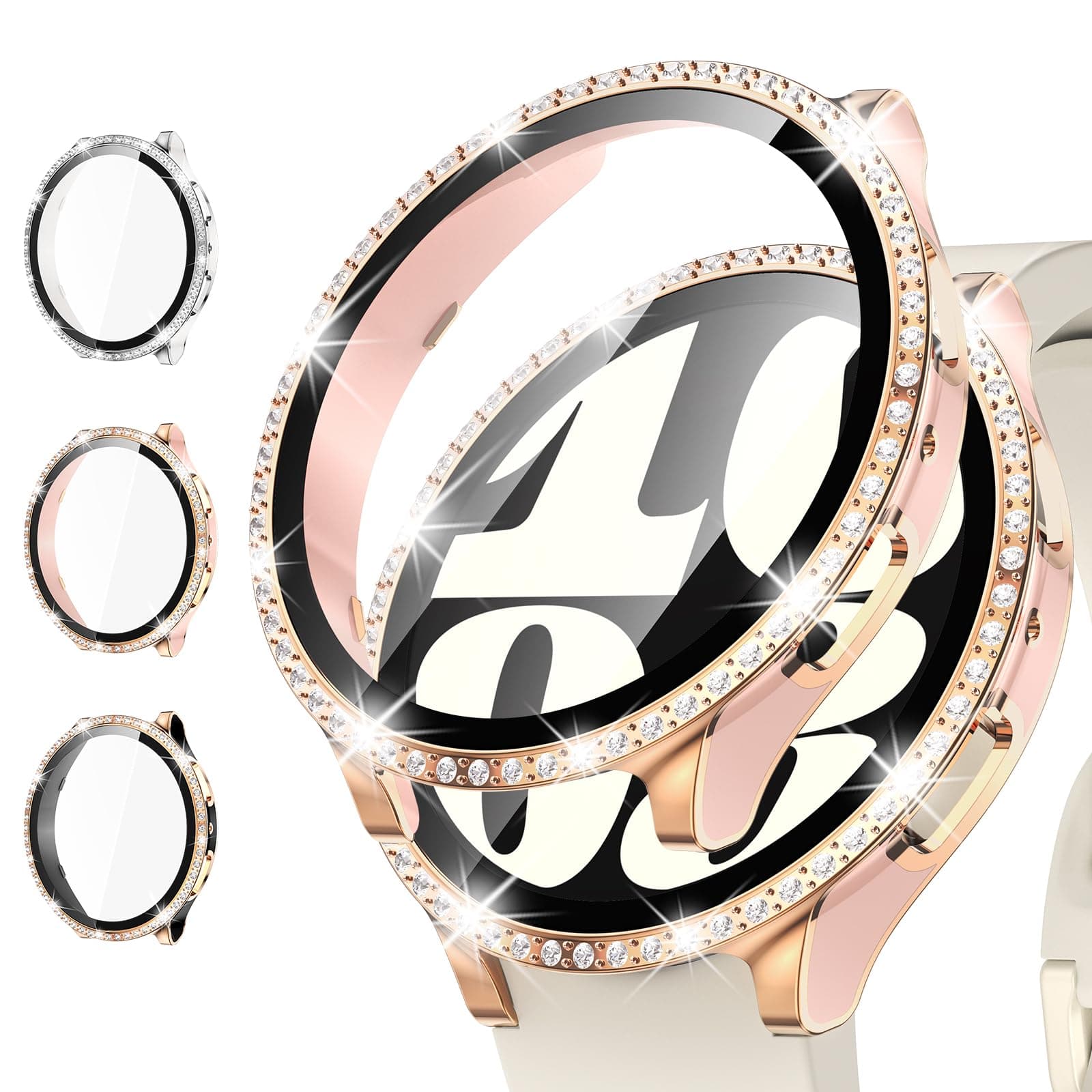 Goton 3-Pack Bling Case for Samsung Galaxy Watch 6 Screen Protector 40mm, Tempered Glass Glitter Diamond Bumper Face Cover for Galaxy Watch 6 Accessories