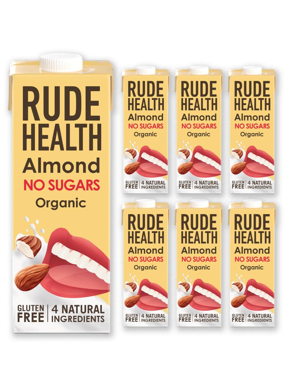 Rude Health 6 x 1 Litre Organic No Sugars Almond Dairy-Alt Milk, 100% Natural Organic Drink, Lactose Free, Dairy Free & Gluten-Free, No Sugars, Award-Winning, Healthy & Vegan
