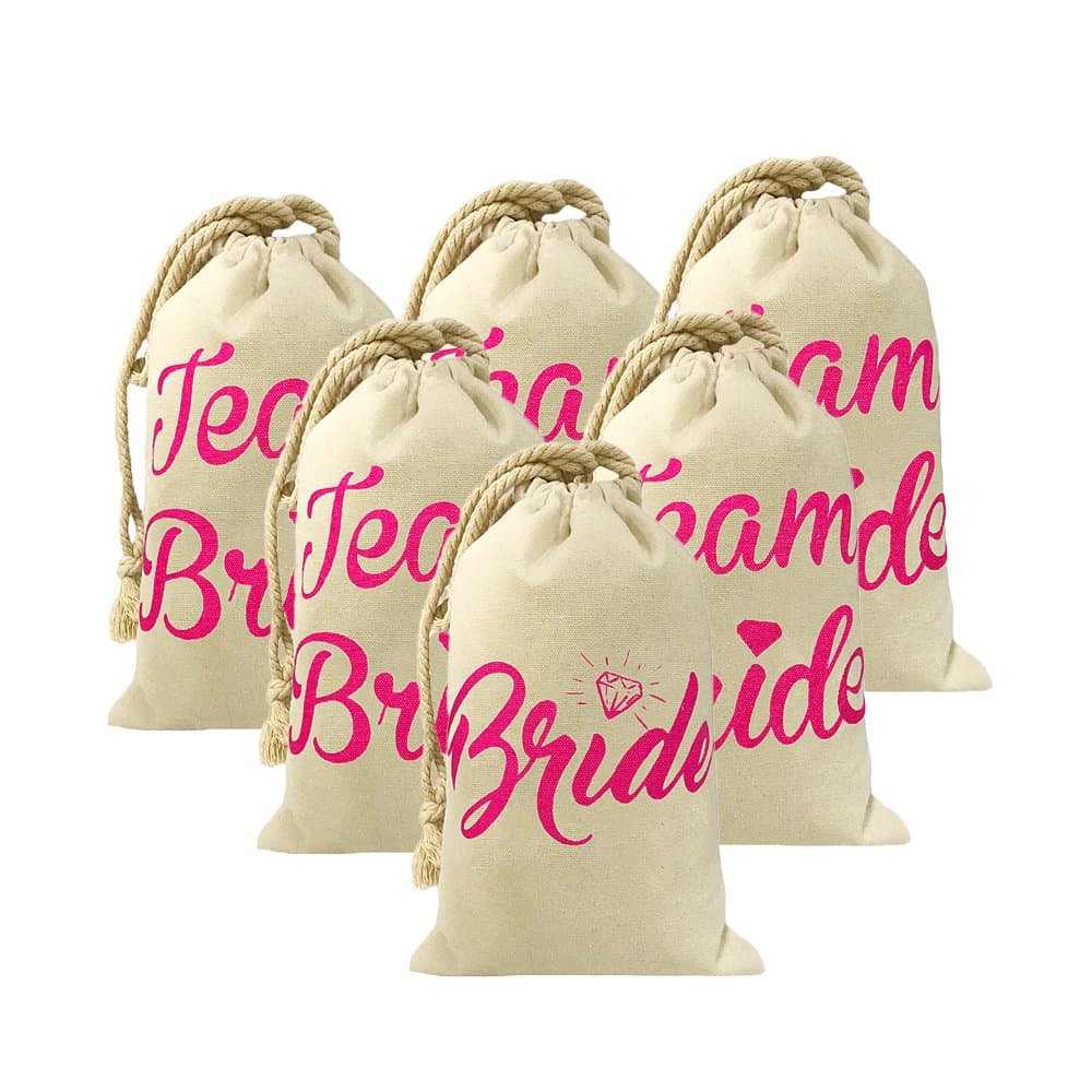 Crazy Night 6Pcs 5.5X8.85 Inches Birde Team Bride Catton Drawstring Gift Bag for Wedding Party Favors Wedding Bridal Shower Bachelorette Party (Hot Pink)