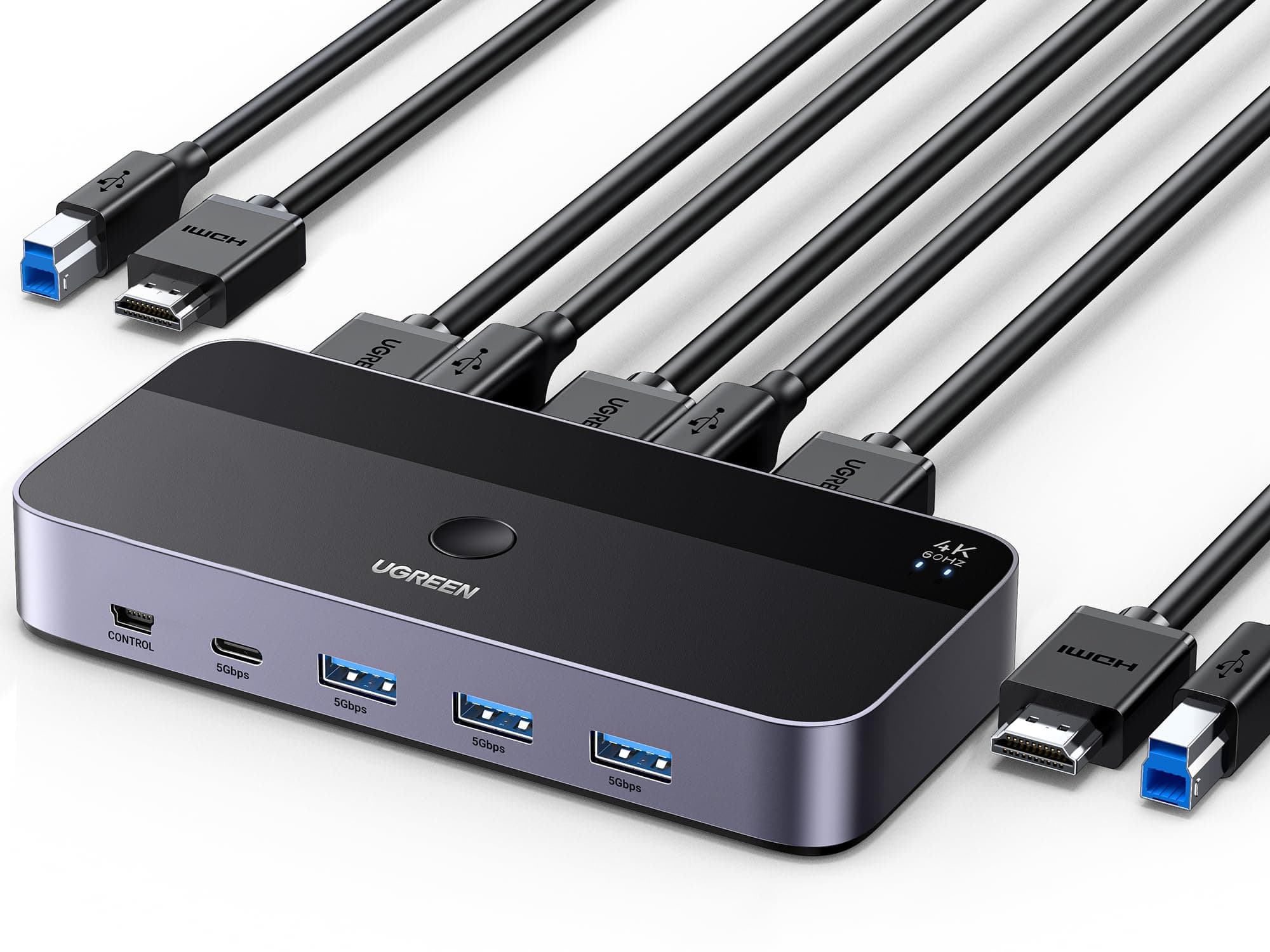 UGREEN USB 3.0 KVM Switch HDMI 4K@60HZ for 2 Computers and 1 Monitor with 3*USB-A Ports, 1*USB-C Port, Compatible for Mouse, Keyboard, Hard Drive, printer, with Controller, HDMI Cables*2, USB Cables*2
