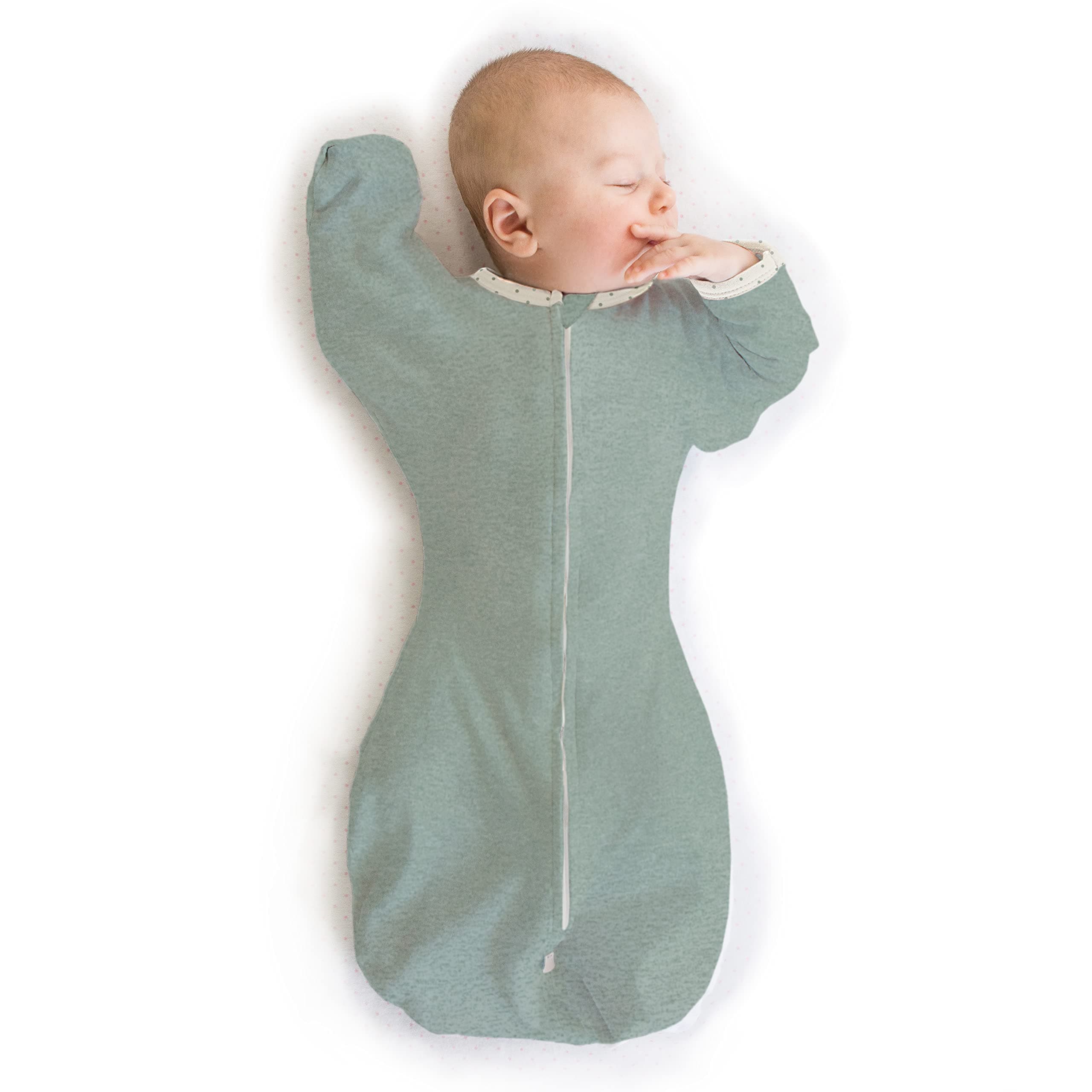 SwaddleDesignsSwaddleDesigns Transitional Swaddle Sack with Arms Up Half-Length Sleeves and Mitten Cuffs, Heathered Jadeite with Polka Dot Trim, Small, 0-3 Mo, 6-14 lbs (Better Sleep, Easy Swaddle Transition)