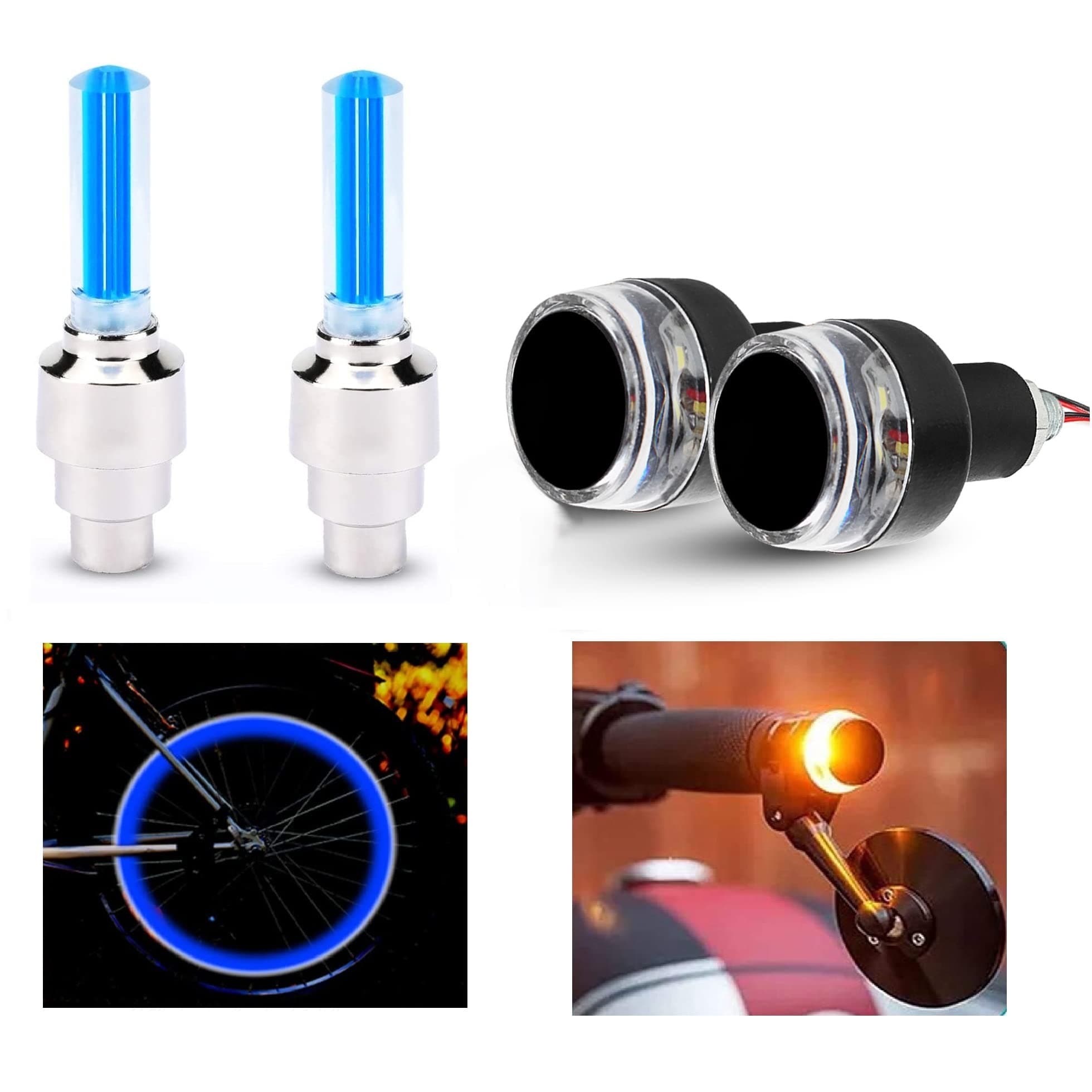 RIDERSCART Universal Bike Handle Bar LED Turn Signal Indicators Dual Color Lights with LED Light Motion Sensor Fancy Blue Tyre Light for All Bikes/Cars (White/Yellow & Tyre Light)