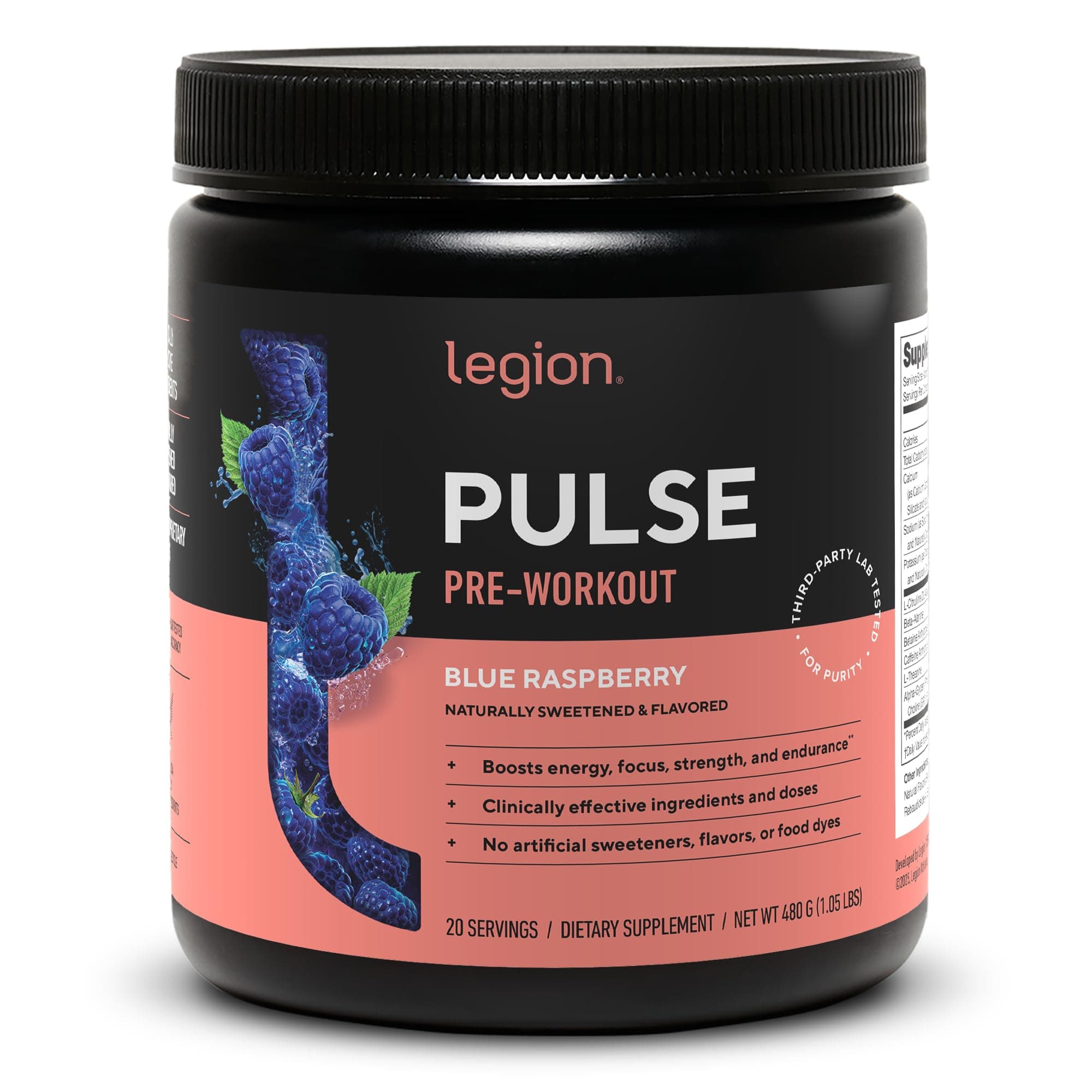 Legion Pulse Pre Workout Supplement - All Natural Nitric Oxide Preworkout Drink to Boost Energy, Creatine Free, Naturally Sweetened, Beta Alanine, Citrulline, (Caffeinated Blue Raspberry)