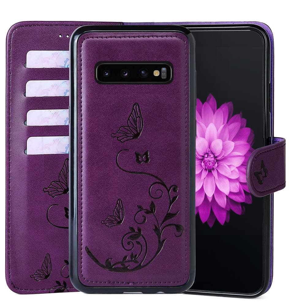 WaterFox Samsung Galaxy S10+ Plus Wallet Case with 4 Card Holder for Women, Detachable Cover Flip Folio Leather Wrist Strap Removable Magnetic with Floral Flower Design for Girls - Purple