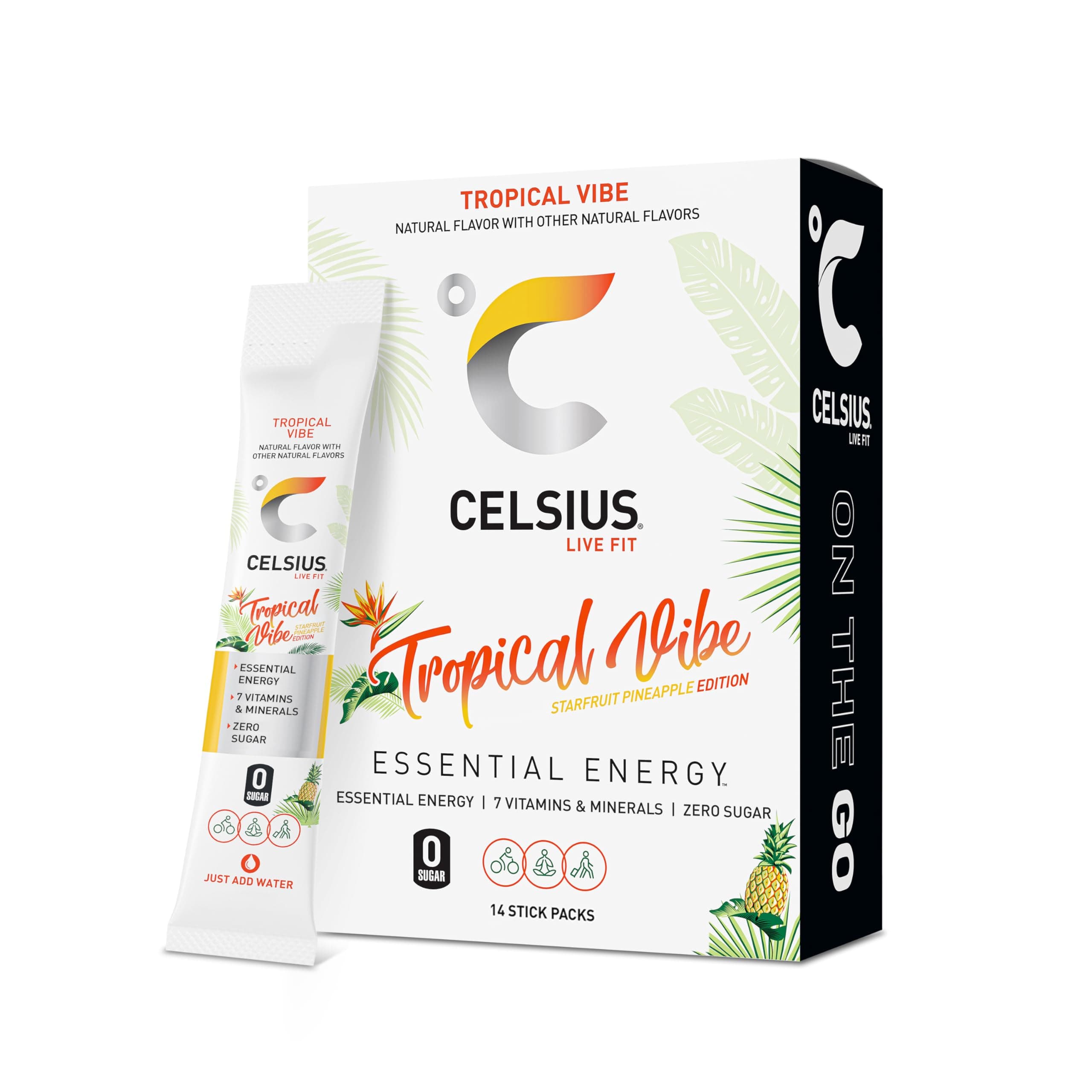 CELSIUS® On-The-Go Powder Sticks Tropical Vibe, Essential Energy 2.6 Oz (14 Sticks per Pack)