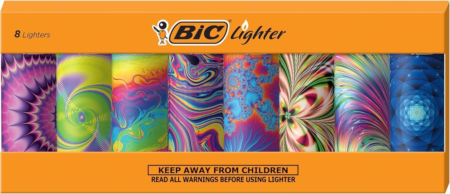 BIC Special Edition Psychedelic Patterns Series Maxi Pocket Lighters, Set of 8 Lighters