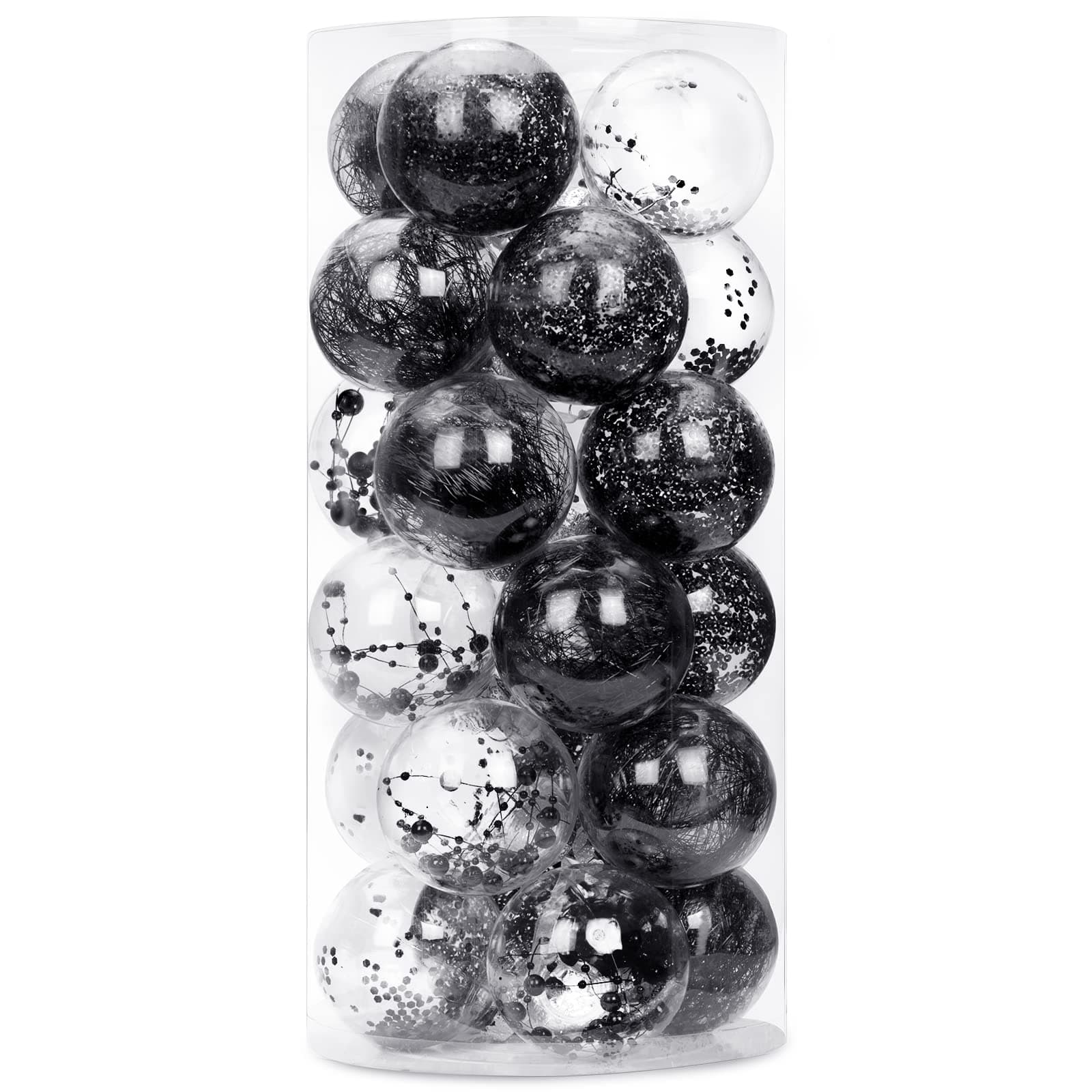 24ct Shatterproof Clear Christmas Ball Ornaments Decorative Xmas Baubles Delicate Balls Decorations (2.36''/60mm,Black)