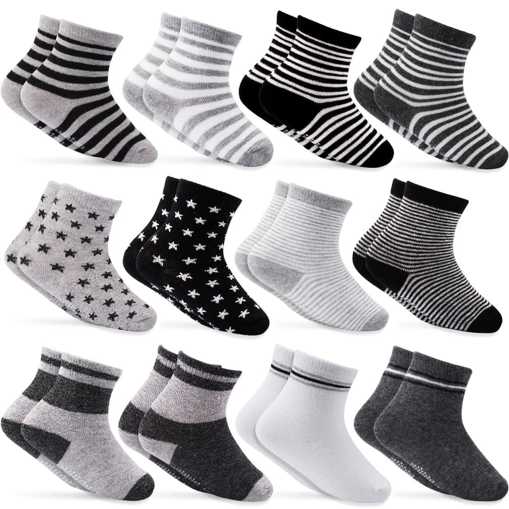 CUBACOBaby Socks, 12 Pairs Non Skid Anti Slip Cotton Grip Socks for Toddler Baby Kids Socks