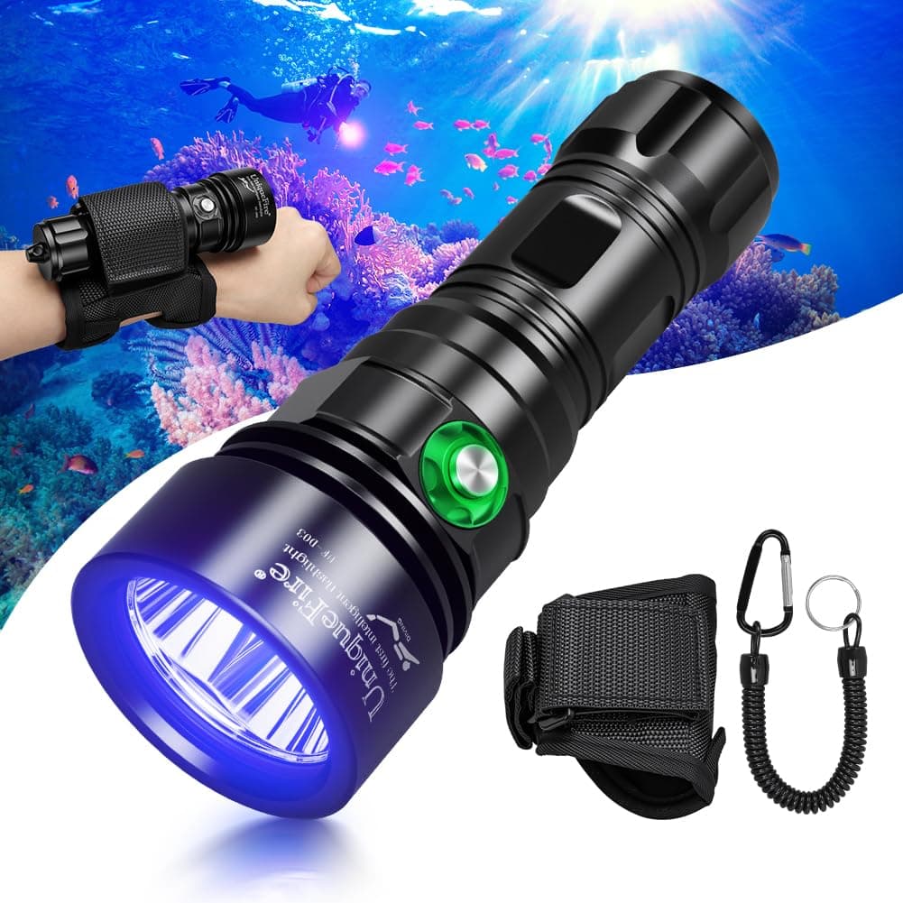 UniqueFire D03 365nm UV Black Light 3LEDs High Power Super Bright Underwater Diving UV Flashlight Rechargeable with 3 Modes Night Dive Torch 150 Meters Submersible Light
