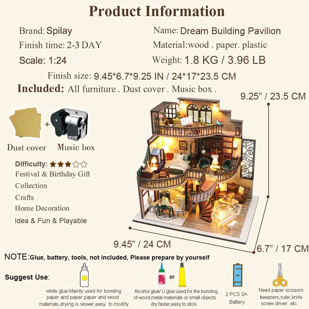 Spilay Diy Miniature House Kit, Wooden Mini Doll house with Furniture and Dust Cover and Music Box, 1:24 Creative Room Idea Gift for for Christmas Valentine's Day - (Dream Building Pavilion) M2132