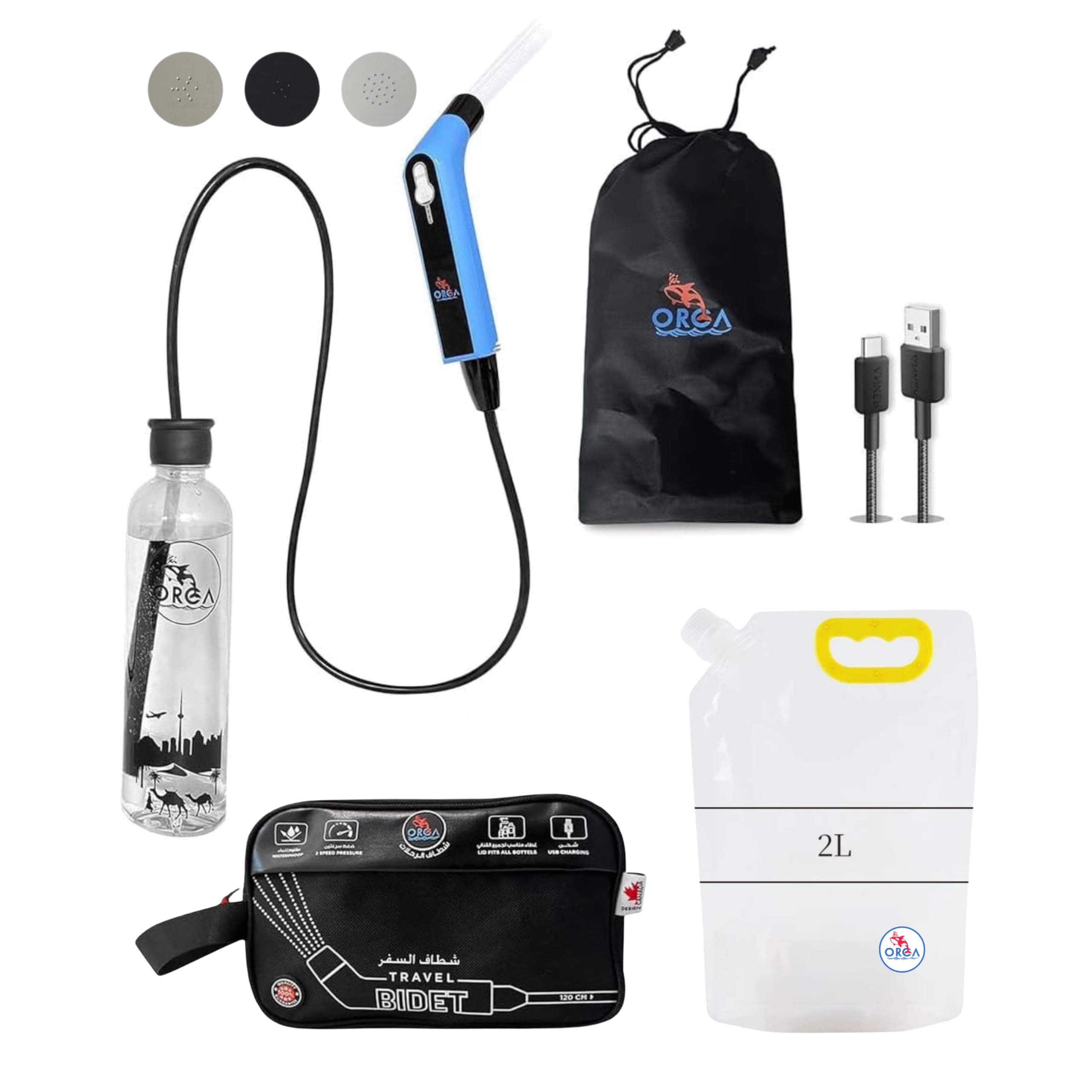 Orca Portable Travel Bidet Bottle Handheld Electric Sprayer For Camping Bathroom Personal Hygiene Cleaning Baby Care Toilet 500Ml + 2 Litres Pouch شطاف السفر ، متنقل الرحلات
