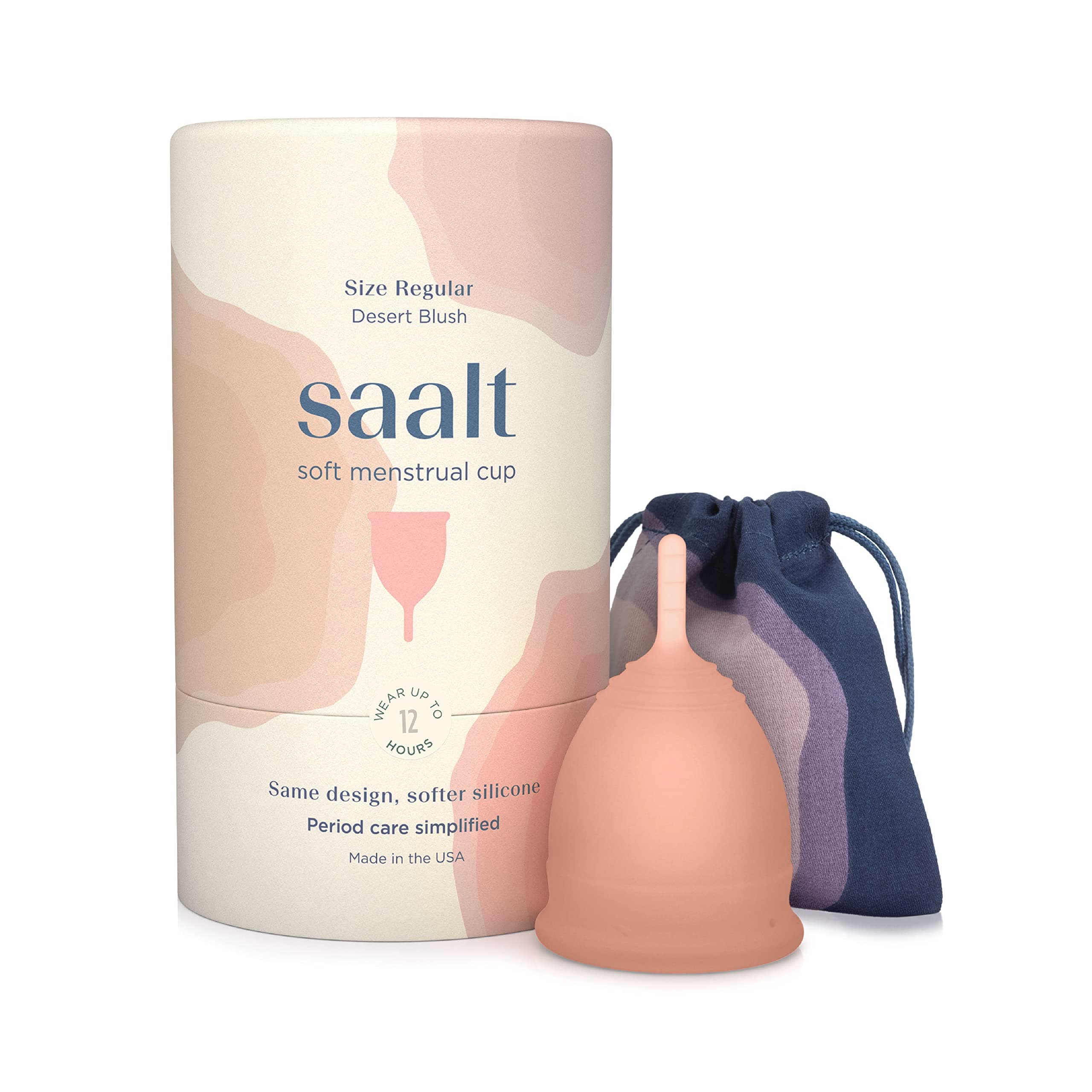 Saalt Soft Menstrual Cup – Reusable Period Cup – Made for Comfortable, Leak-Free Protection Up to 12 Hours – BPA & Latex Free – Includes Cup & Carry Bag (Regular, Desert Blush)