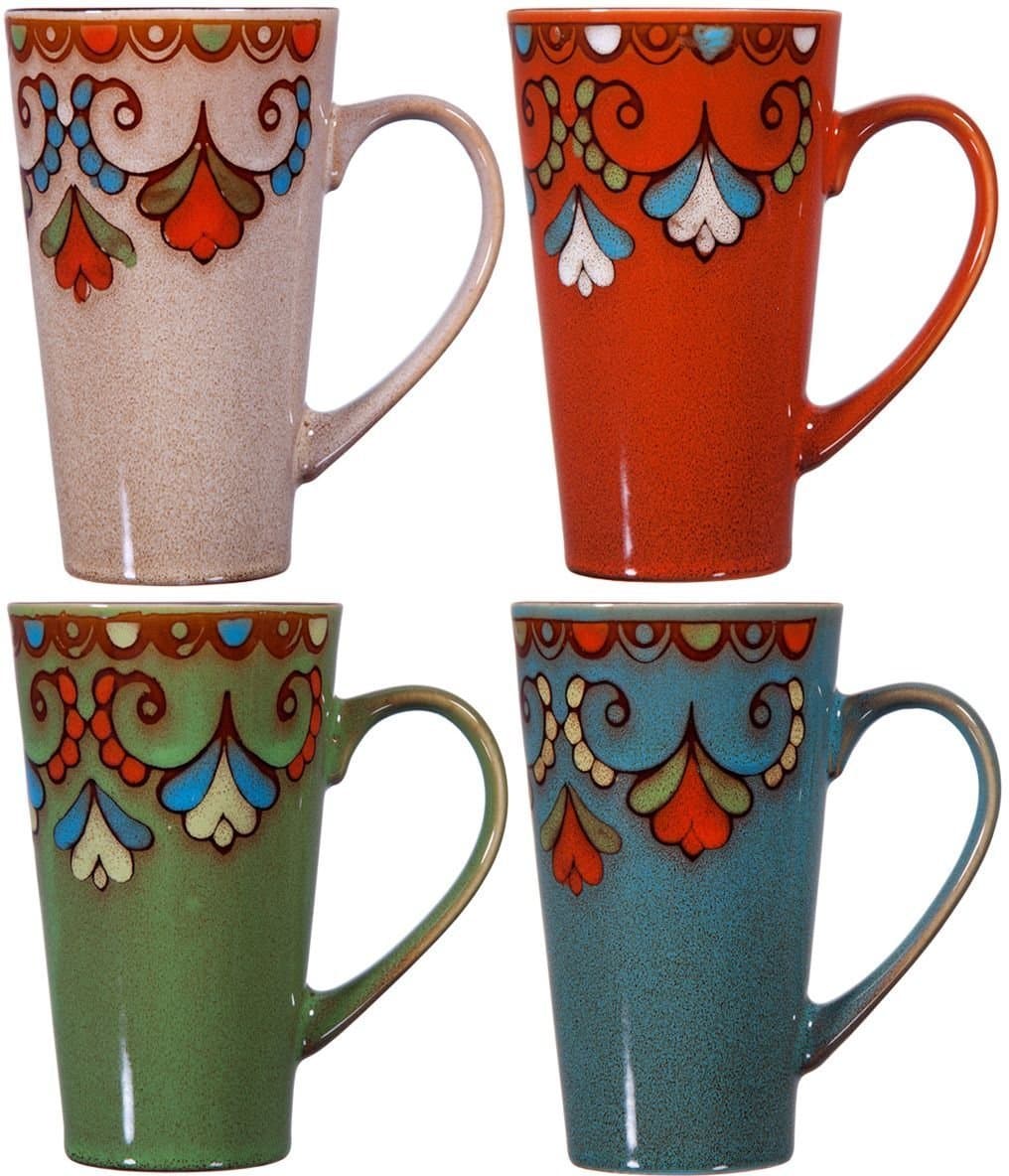Colorful Tasty Ceramic Coffee Mug with Handle – Set of 4 Ceramic Tea Cups Set - Tall Ceramic Latte Mugs Set (Rim)