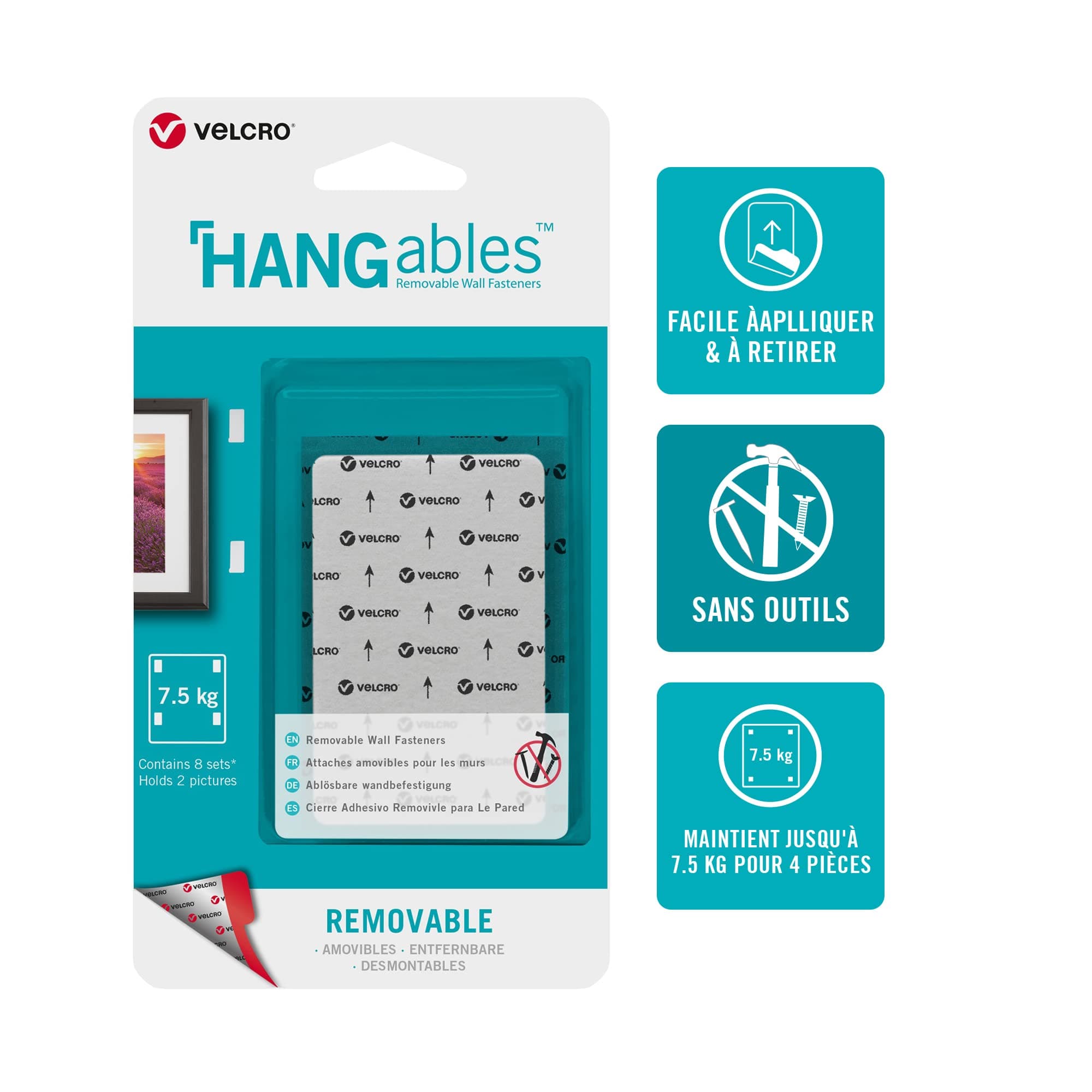 HANGables Removable Wall Fasteners | Strong Adhesive Hold, Up to 7.5 kg / 16 ½ lb (per set of 4) | Easy-to-Remove from Wall, Firm Hold to Frame or Mirror | 1 ¾ x 3in strips, 8 sets, White
