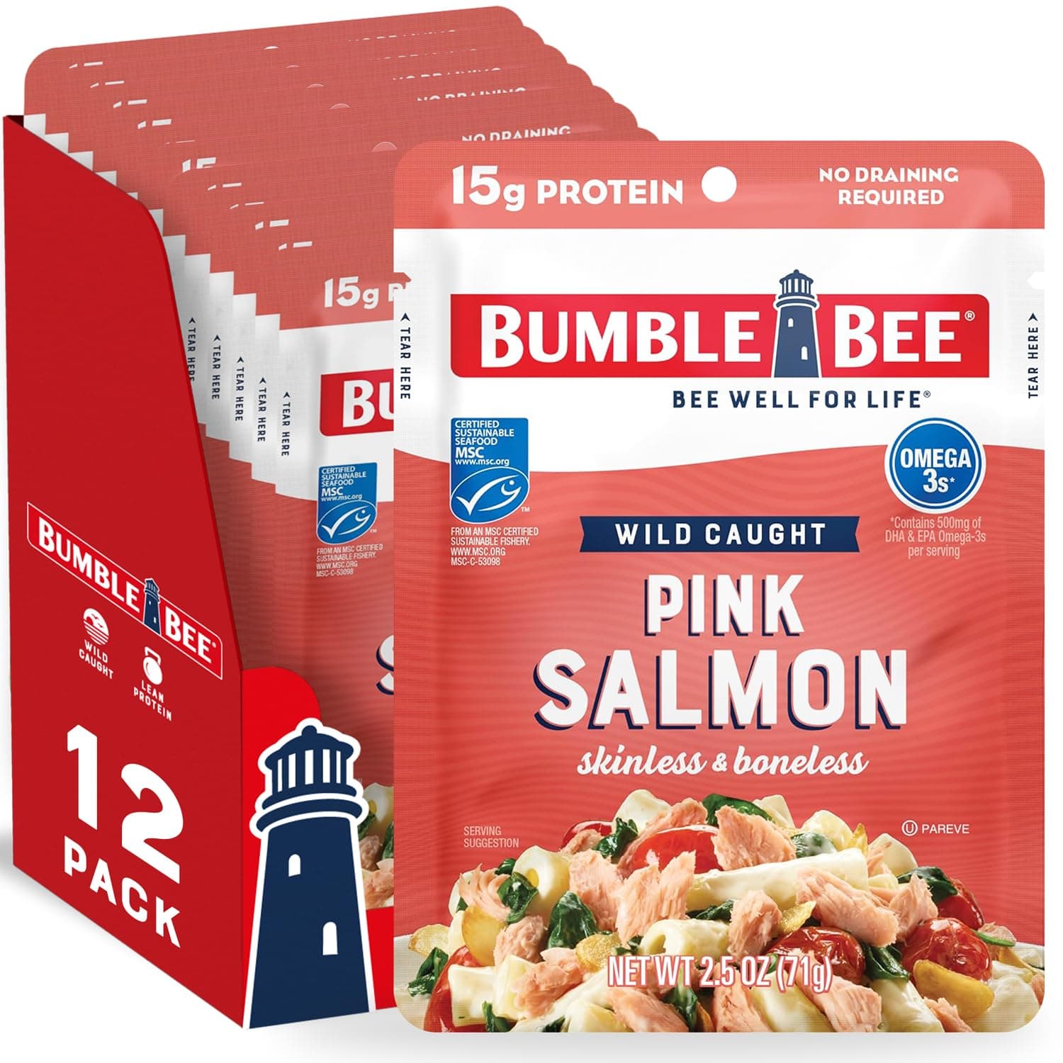 Bumble Bee Skinless & Boneless Pink Salmon, 2.5 oz Pouch (Pack of 12) - Premium Wild Caught Salmon - 15g Protein per Serving, High in Omega-3s - MSC Certified Sustainable Seafood, Gluten Free, Kosher