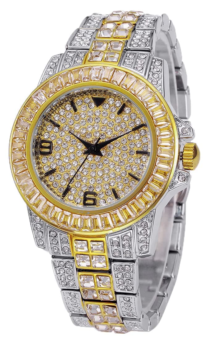 Mens Womens Iced-Out Watch Gold Plated Diamond Unisex Quartz Wristwatch