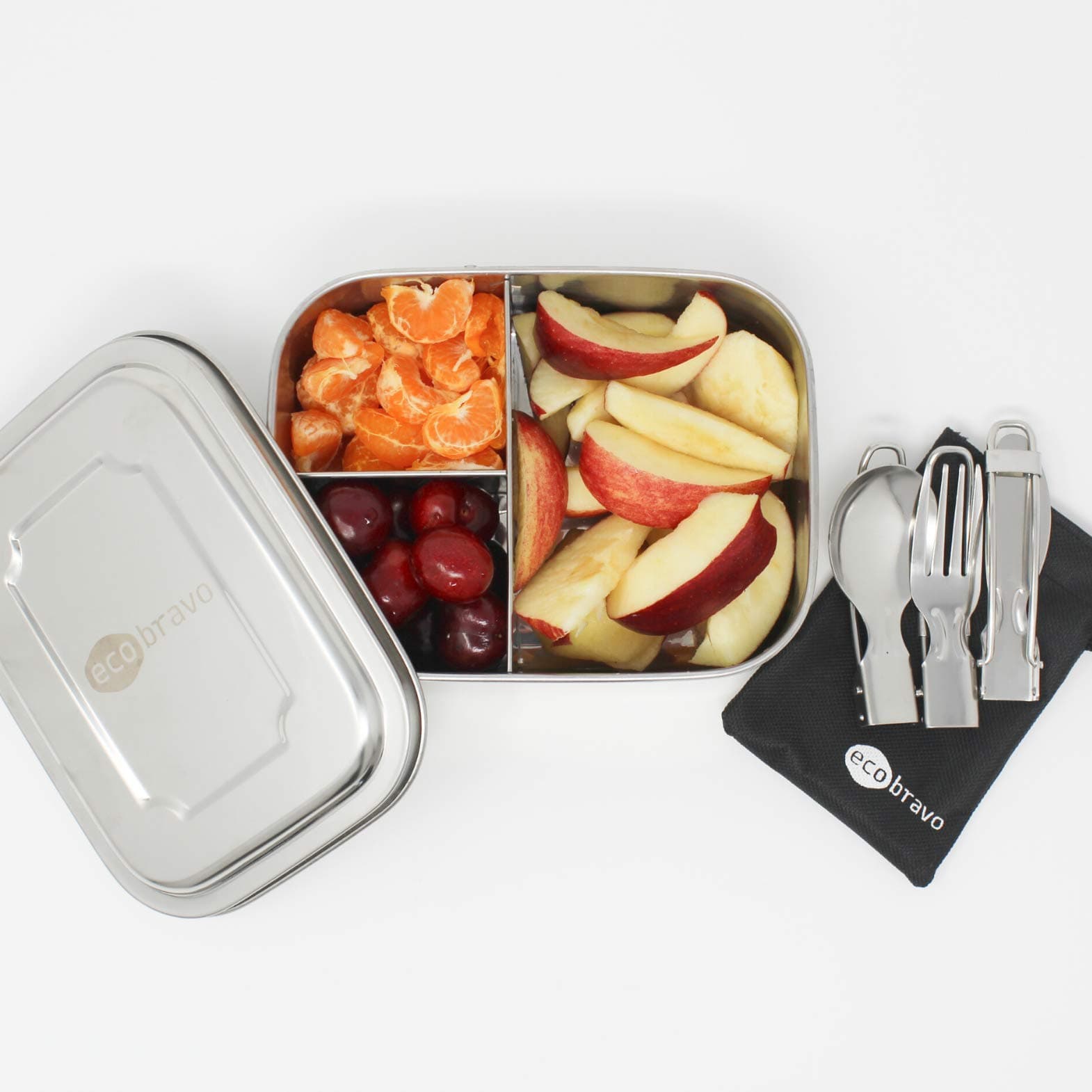 Stainless Steel Lunch Box Set - Eco-Friendly 3-in-1 Plastic Free Multi-Functional Vacuum Valve Bento Box with Compartment Divider and Accessories - Folding Cutlery, Easy to Carry Pouch