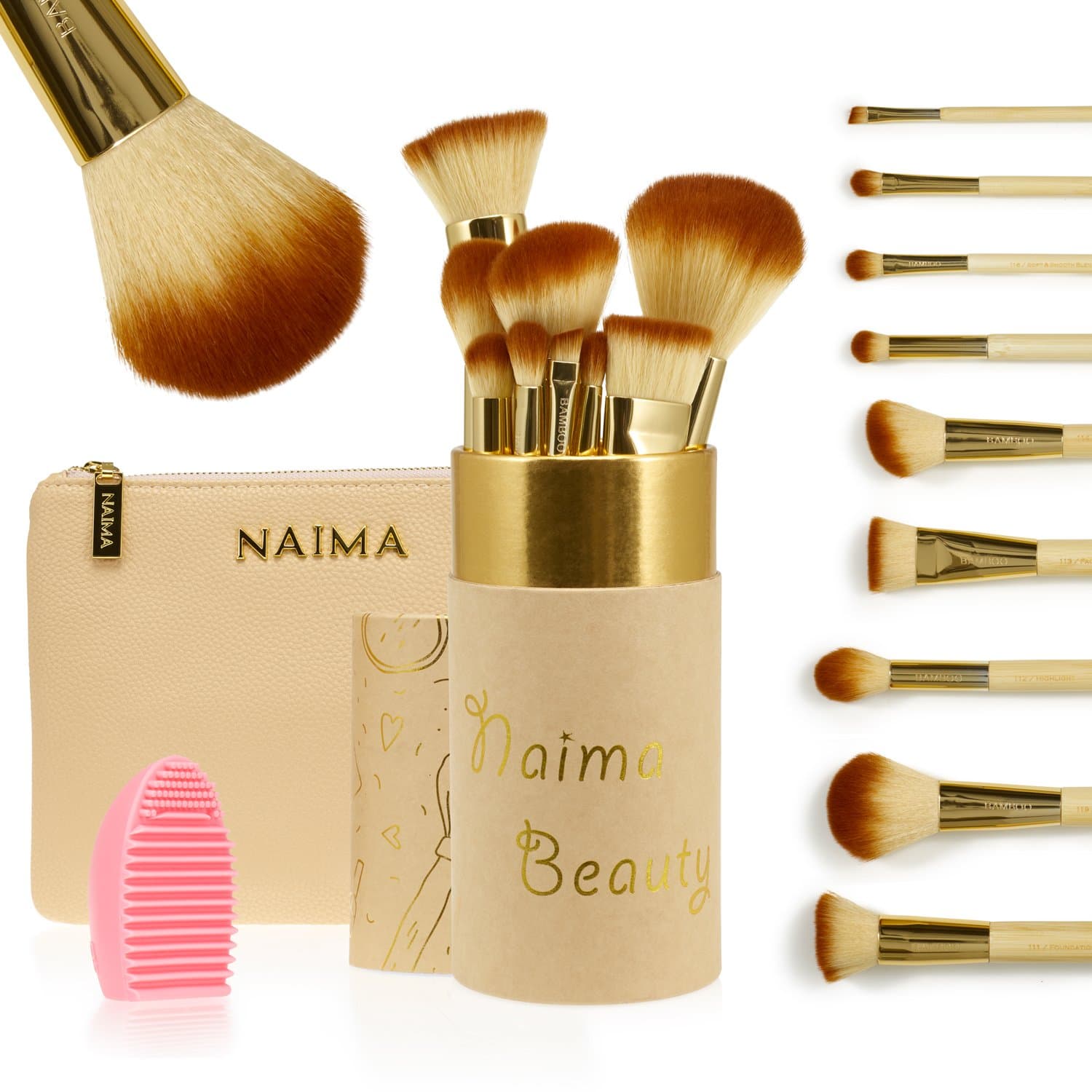 PRO Makeup Brush Set by NAIMA BEAUTY - Includes 9 Professional Bamboo Makeup Brushes – Luxurious Leather Bag & Vanity Brush Case - Best Quality Brushes for Face and Eye Makeup – GOLD + BAMBOO