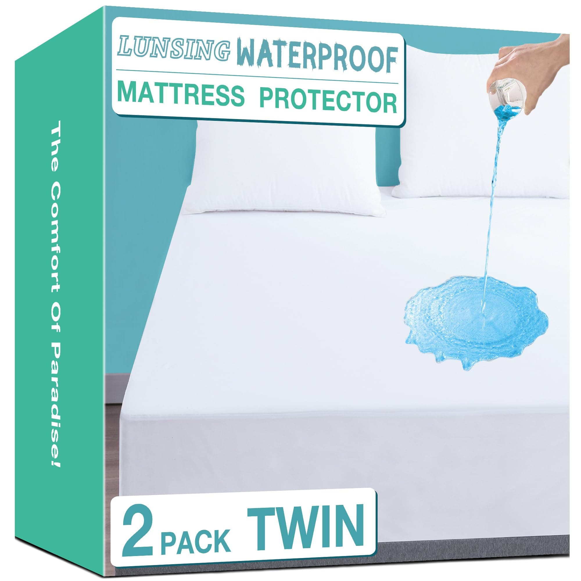 Lunsing 2 Pack Waterproof Twin Mattress Protector, Noiseless, Breathable, and Soft Twin Size Mattress Pad Cover with 6-16 inches Deep Pocket, WhiteOEKO-TEX STANDARD 100