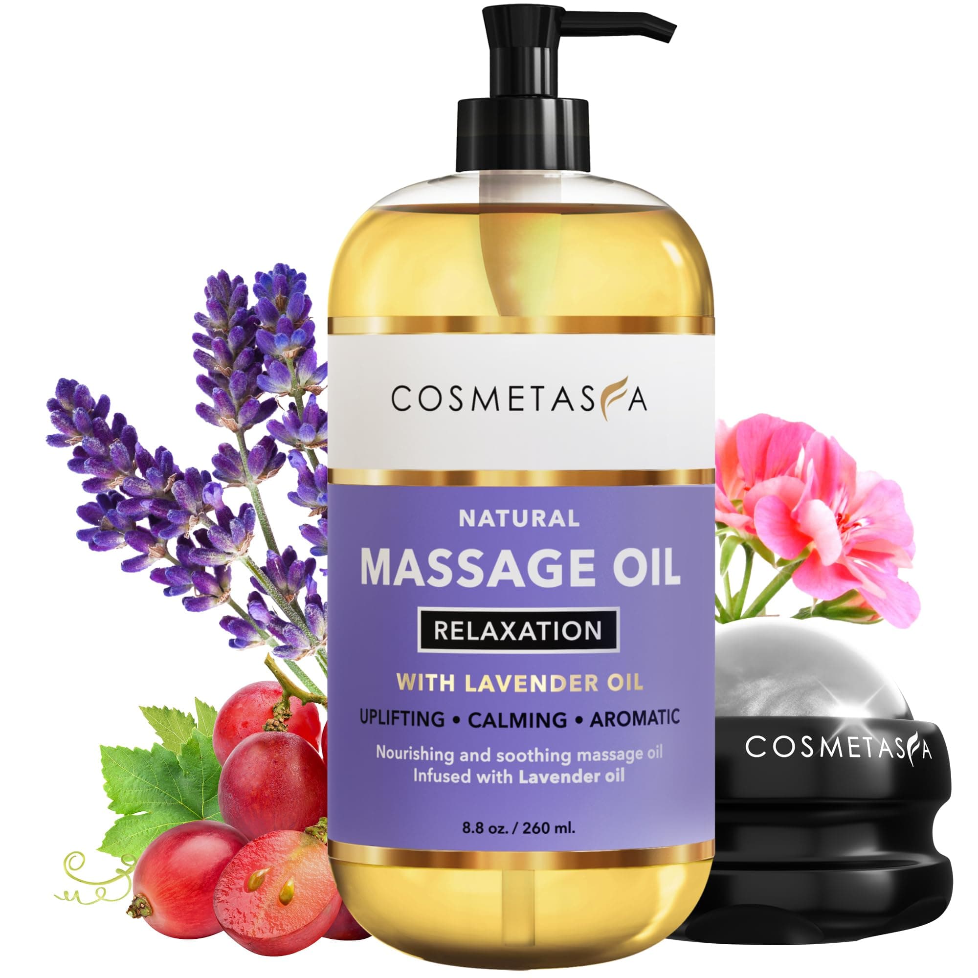 Lavender Massage Oil for Massage Therapy with Roller - All Natural, Cruelty-Free & Spa Quality Skin Therapy Oil & Soothing Care - Lavender, Geranium & Grapeseed Oil (8.8 oz)