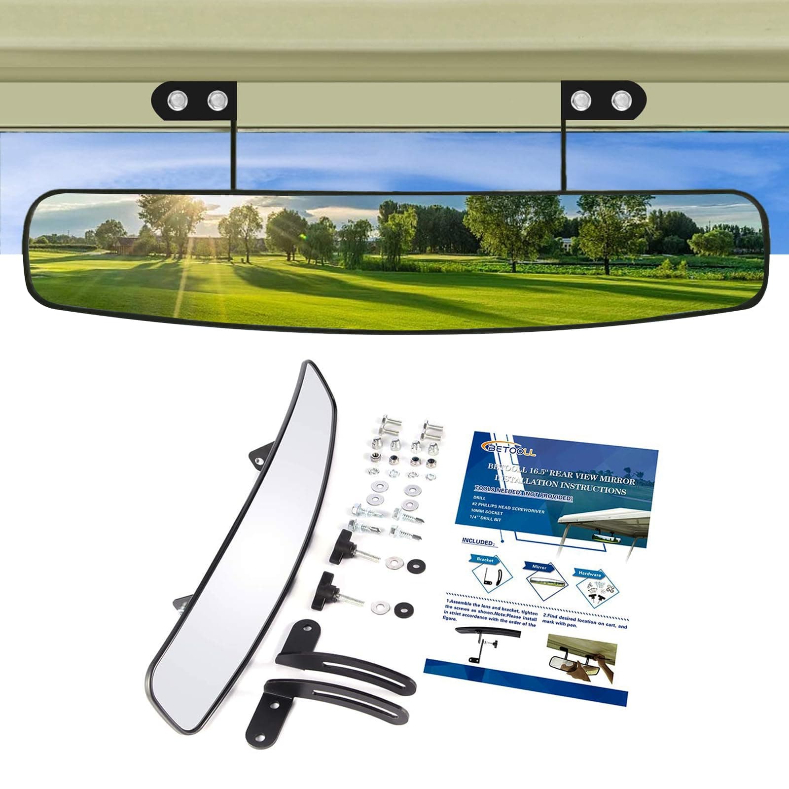 BETOOLL 16.5" Wide Rear View Convex Golf Cart Mirror for EZ Go, Club Car, Yamaha