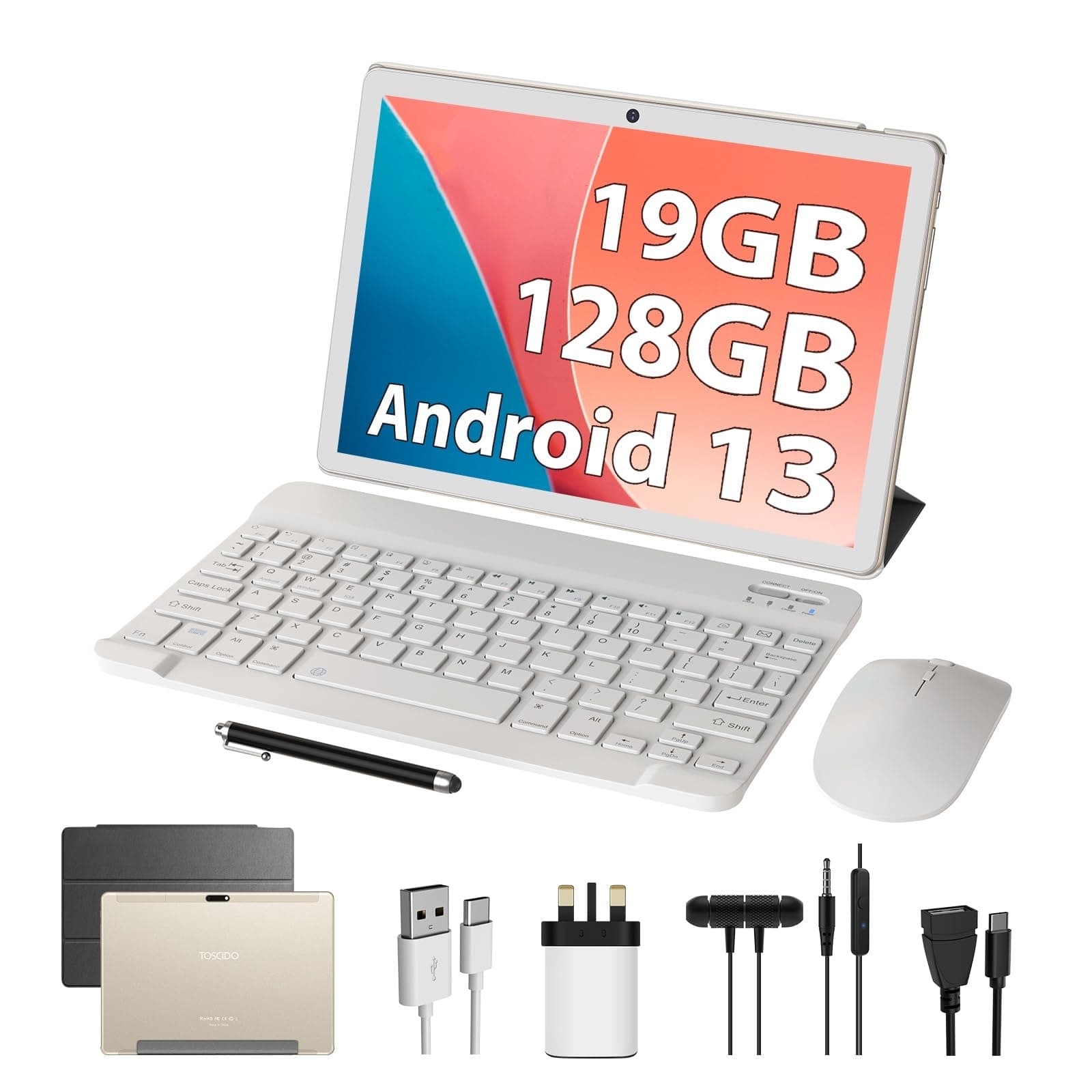 Tablet 10 inch Android 13,Octa-Core,2.0GHz,19GB RAM+128GB ROM (TF 1TB), 4G LTE+WiFi, BT 5.0,Dual Camera, 8000mAh,Google GMS Certified Tablet with Keyboard|Gold