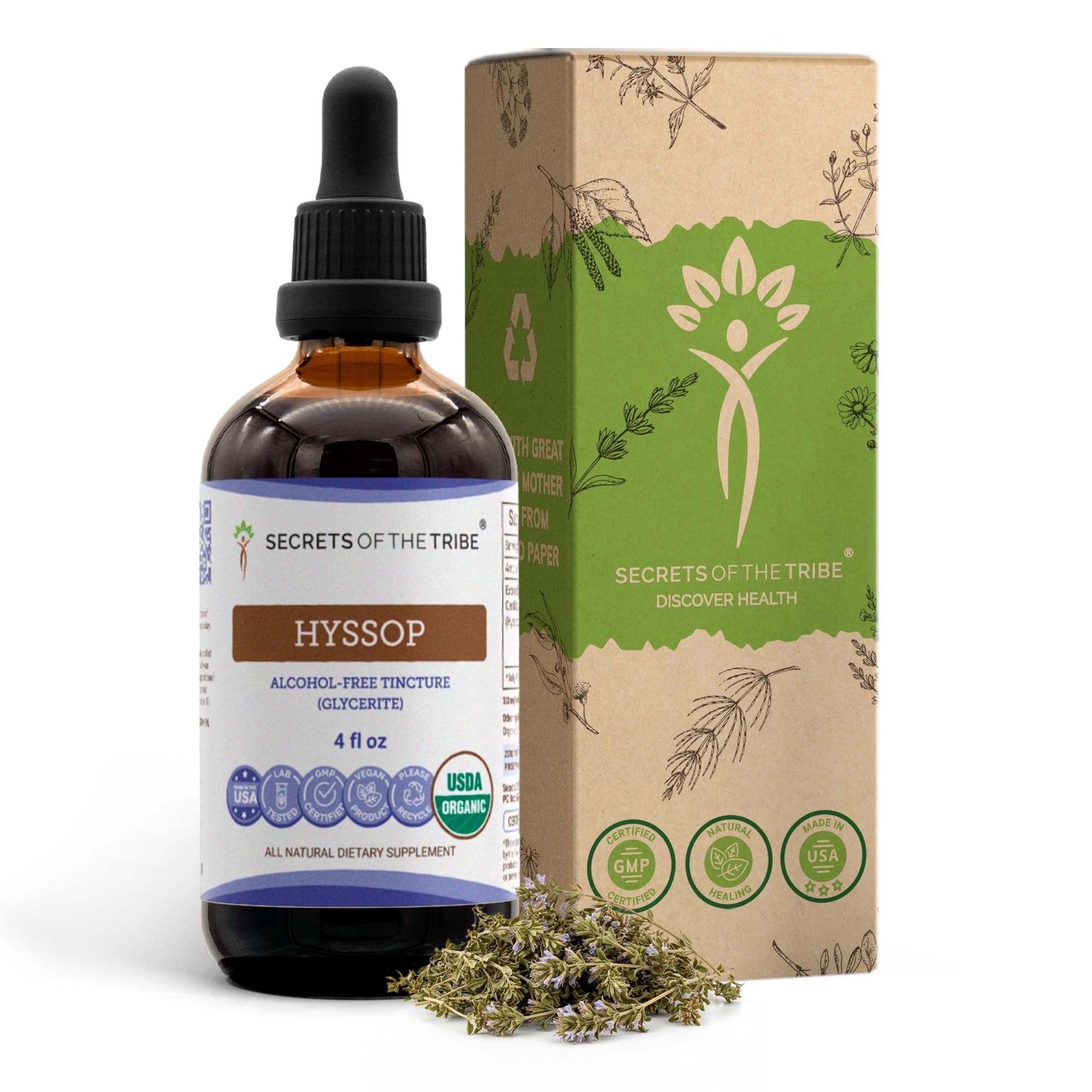 Secrets of the Tribe Hyssop Alcohol-Free Liquid Extract, USDA Organic Hyssop (Hyssopus officinalis) Dried Leaf and Flower Tincture Supplement (4 FL OZ)