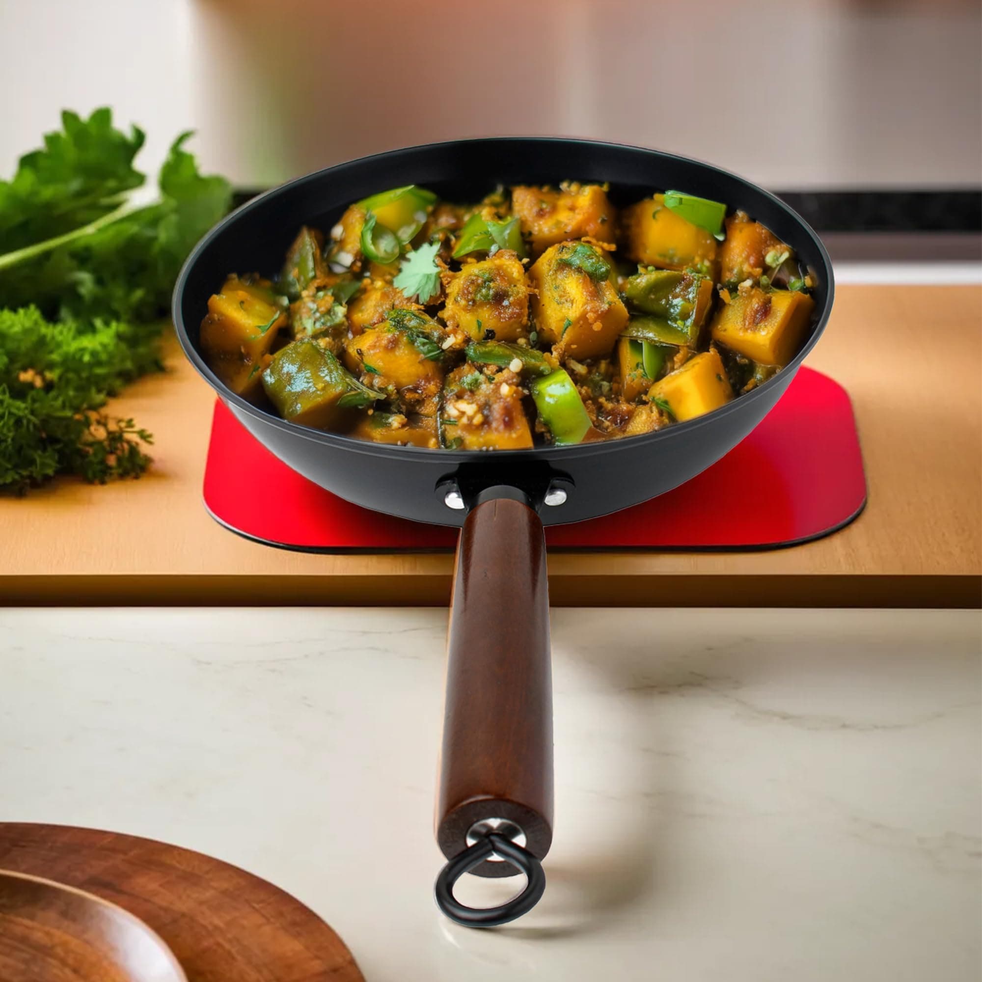 Carbon SteelPulse Series Chinese Wok with Handle | Deep Frying Carbon Steel Wok | Cooking Pan | Induction Cookware | Kadai for Induction Cooking | Chinese kadai with Handle(6 L)