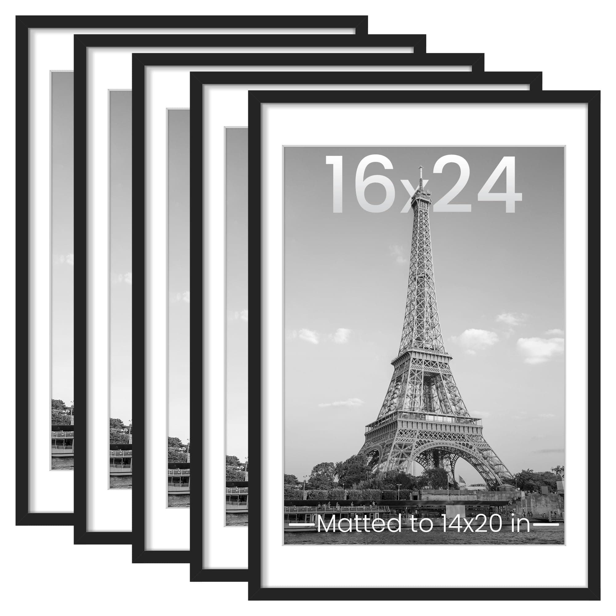 upsimples 16x24 Picture Frame Set of 5, Display Pictures 14x20 with Mat or 16x24 Without Mat, Wall Gallery Photo Frames, Black